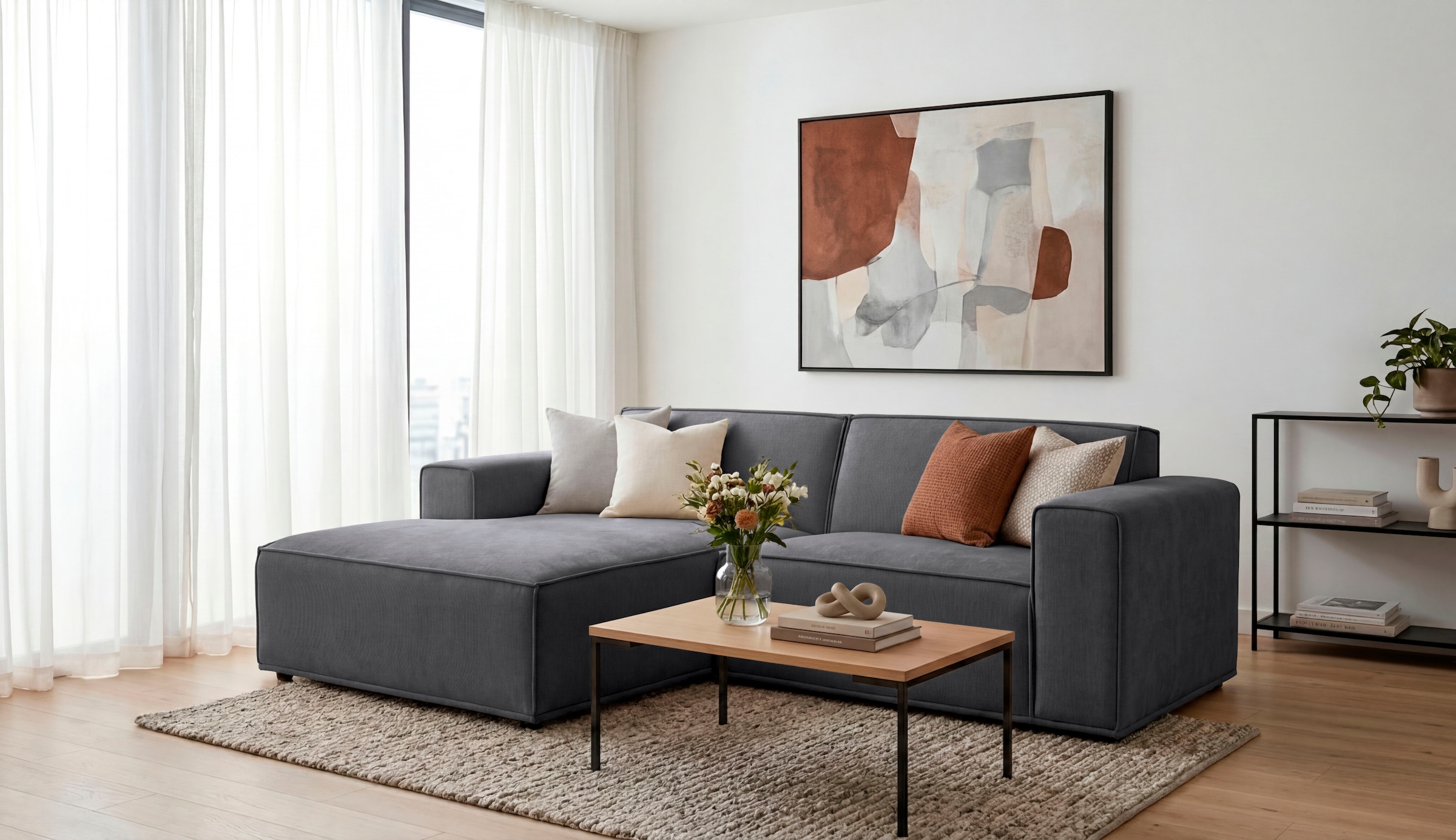 OTTO home Ecksofa "Avelin, 228 cm, L-Form, Chenille, Struktur-Boucle" mit Wellenunterfederung, Kedernaht, bodentief, Skandi-Design