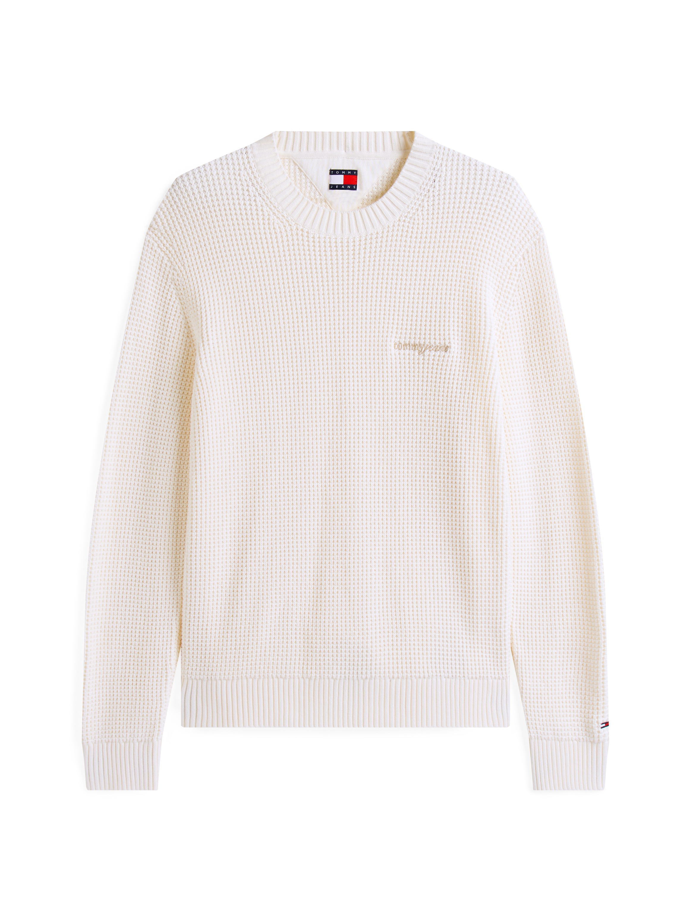Strickpullover TOMMY JEANS "TJM SCRIPT CHUNKY", Herren, Gr. XXL, weiß (ancient weiß), Grobstrick, Obermaterial: 100% Baumwolle, unifarben, hüftbedeckend, Rundhals, Rippbündchen, Pullover Strickpullover, Regular Fit, Rundhals Waffelpique Strick 4