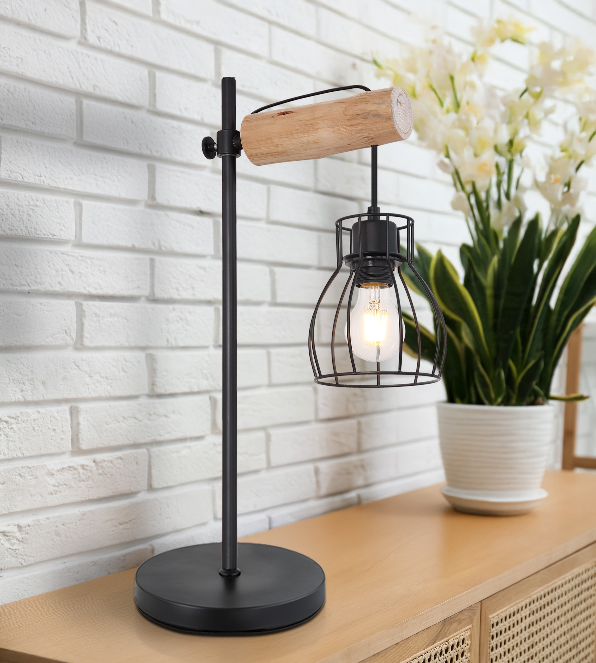 GLOBO LIGHTING Tischleuchte »MINA« E27 1 Stk. Tischleuchte Schwarz/Holz, Wippschalter, E27