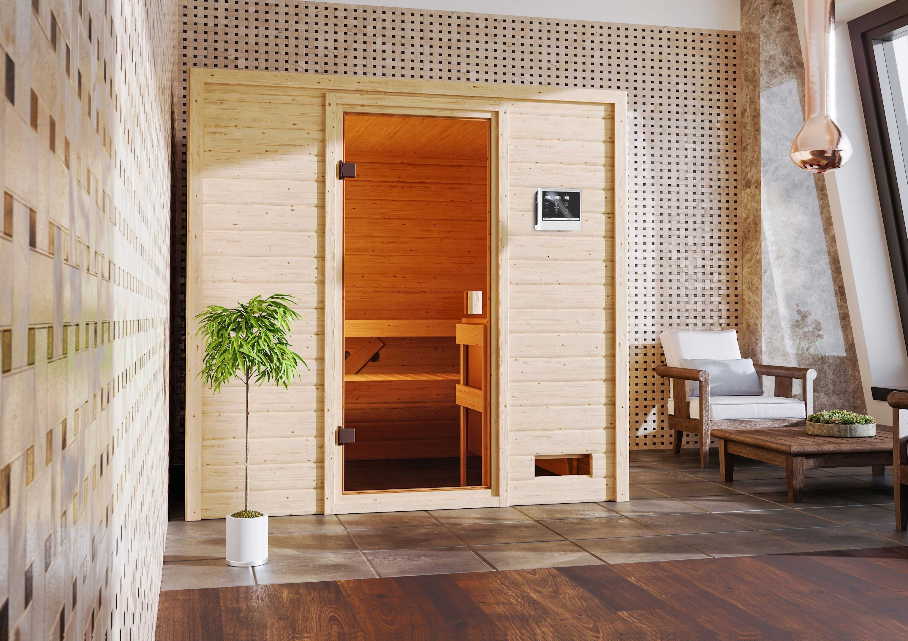 Karibu Sauna ""Ricky" mit bronzierter Tür, naturbelassen" aus hochwertiger nordischer Fichte