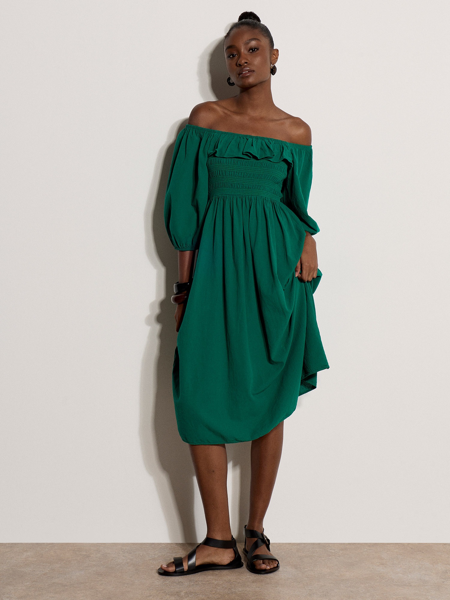 Apricot Midikleid "Midi-Kleid im Milchmädchen-Stil mit Rüschen" Gerafft