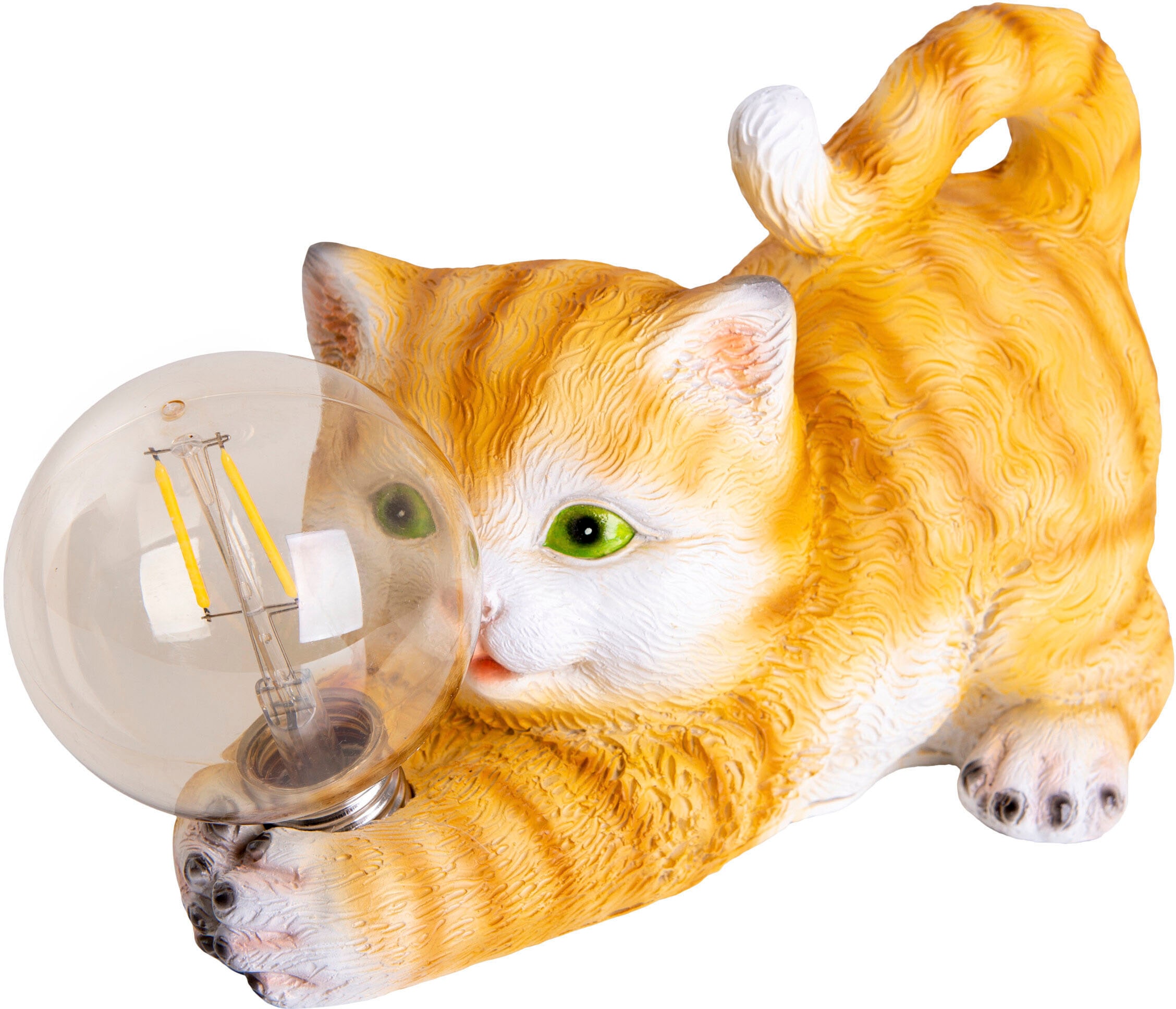 LED Solarleuchte NÄVE "Katze", braun, B:11cm H:15cm L:25cm, Leuchten, süße gestreifte Katze mit beleuchteter Kugel und warmweißem Licht 2