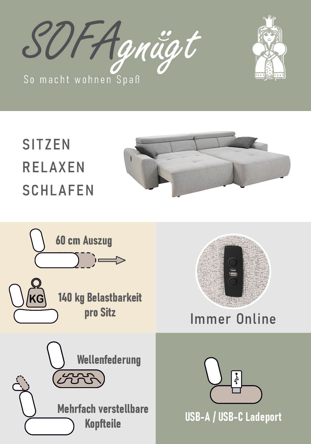 Jockenhöfer Gruppe Ecksofa »Unos L-Form, B: 299 cm, mit 60 cm elektr. Sitztiefenverstellung« 140kg Belastbarkeit, USB-Anschluss, Kopfteilverstellung & Zierkissen