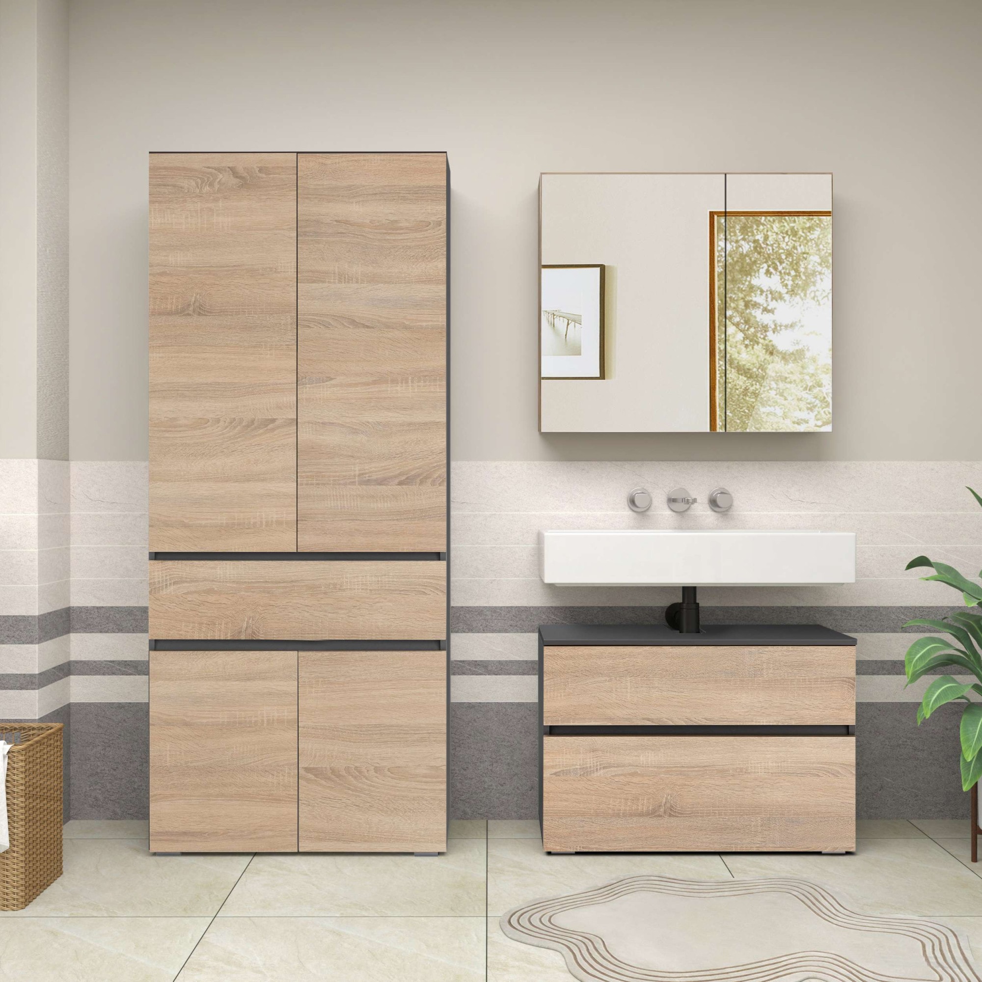 Home affaire Badmöbel-Set »Wisla«, (Set, 2 St.), Spiegelschrank, WBU mit Siphonausschnitt u. Push-to-open, Breite 80 cm