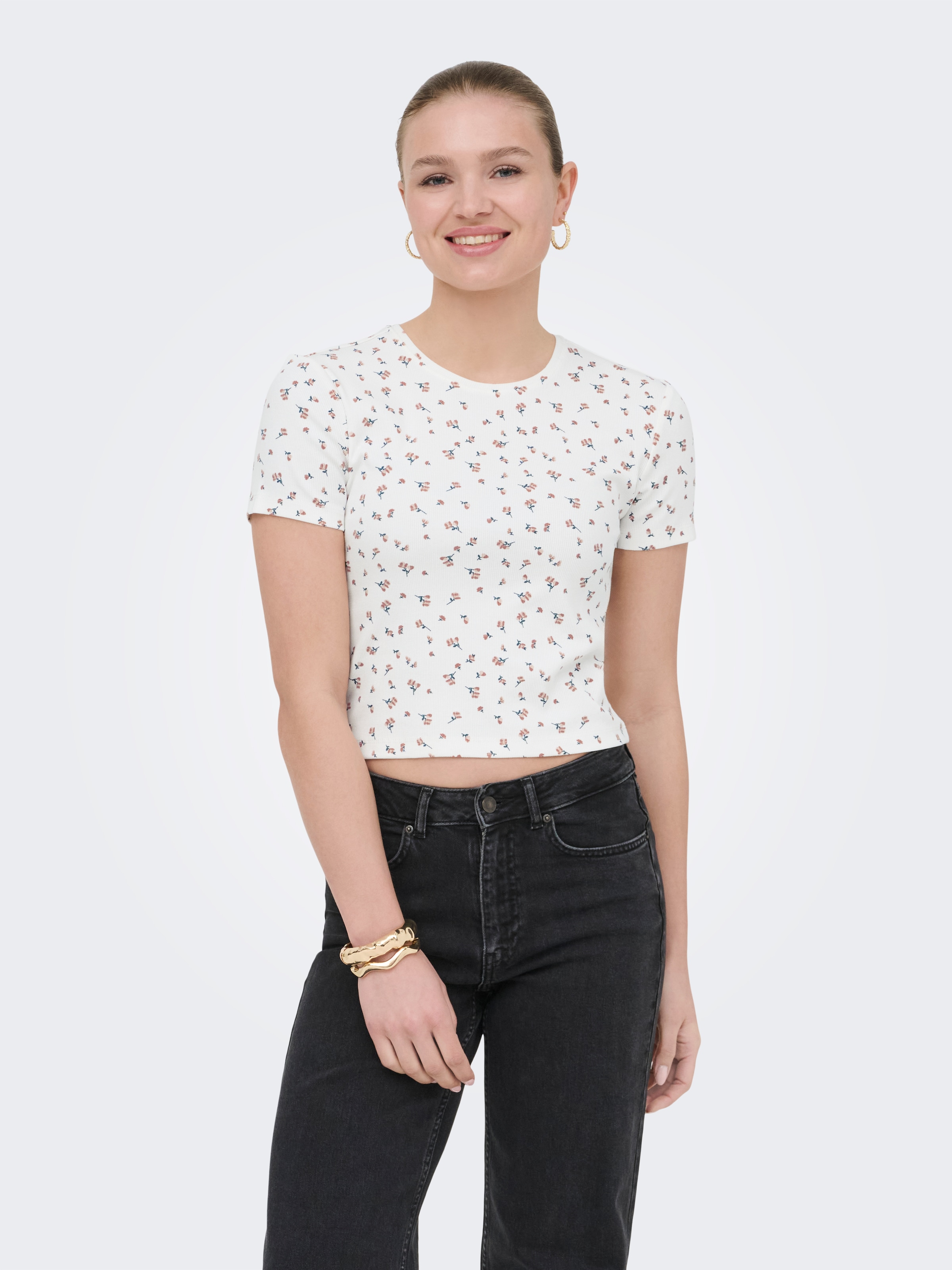 ONLY Kurzarmshirt "ONLFENJA LIFE SS AOP TOP JRS NOOS" Baumwollmischung, Cropped Fit, Rundhals