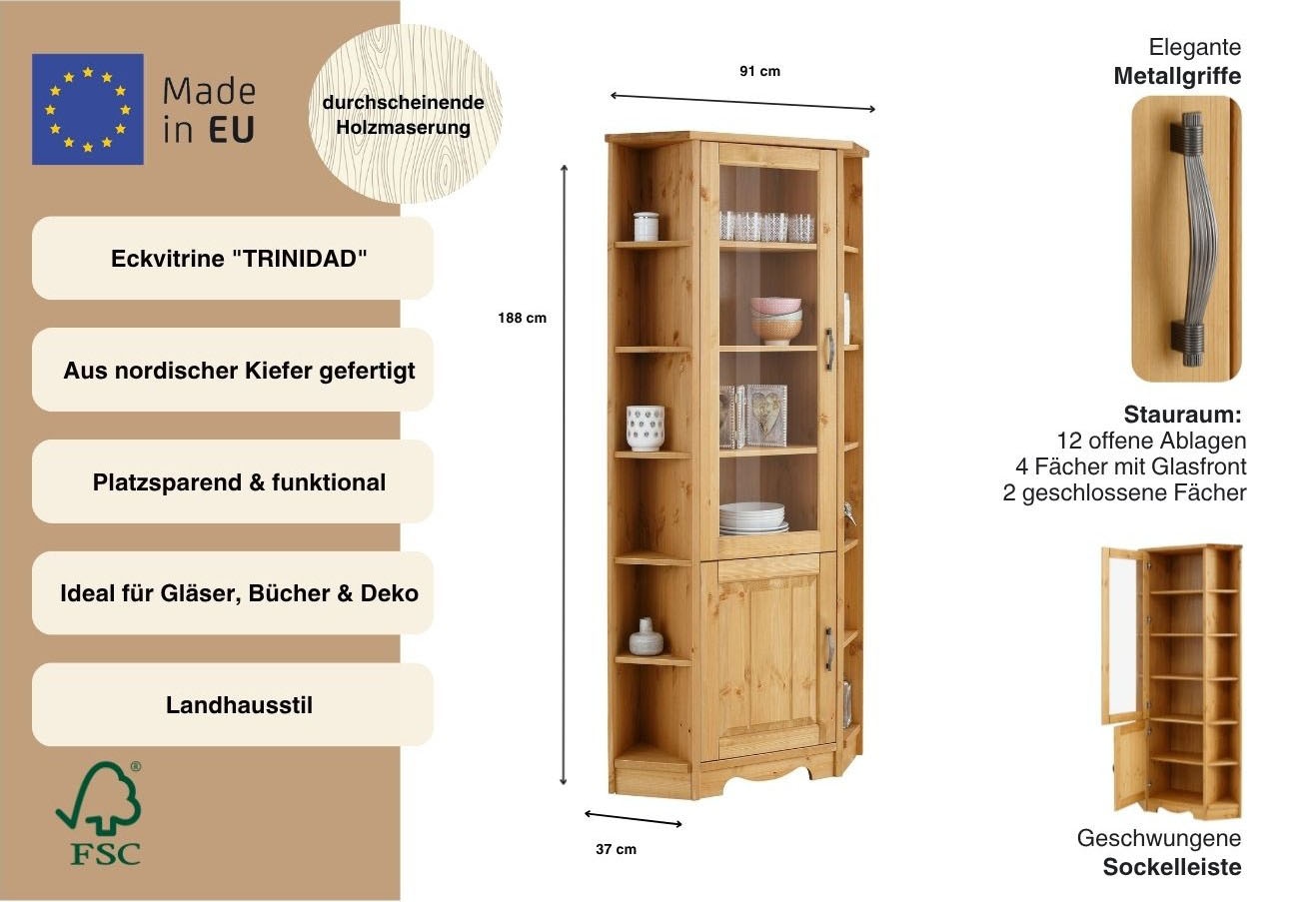 OTTO home Eckvitrine »Trinidad« Höhe 188 cm, FSC® zertifiziertes Massivholz