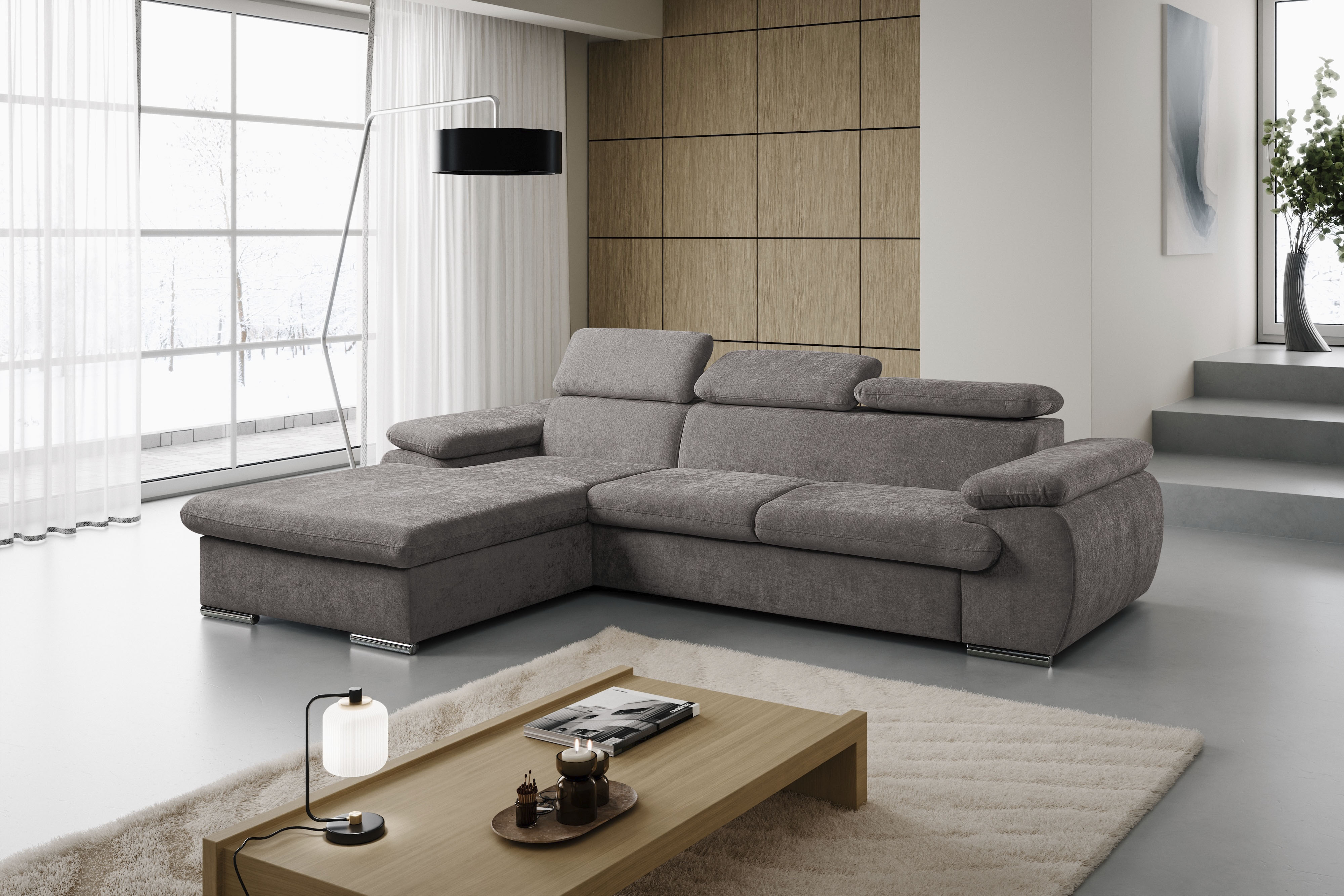 WERK2 Ecksofa "Cosmo 282 x 192 cm modern und bequem" Chenille, L-Form, XXL, Schlaffunktion, Bettkasten