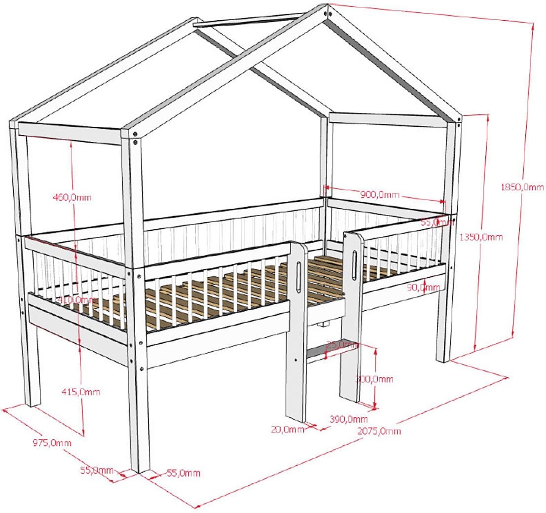 Vipack Hausbett »Forrest ist ein hochwertiges Massivholz Haus Bett "Made in Europe"« inkl. Rolllattenrost, Dachaufbau, Absturzschutz und Leiter,  wahlweise aus massiver Eiche geölt oder Buche massiv weiß lackiert