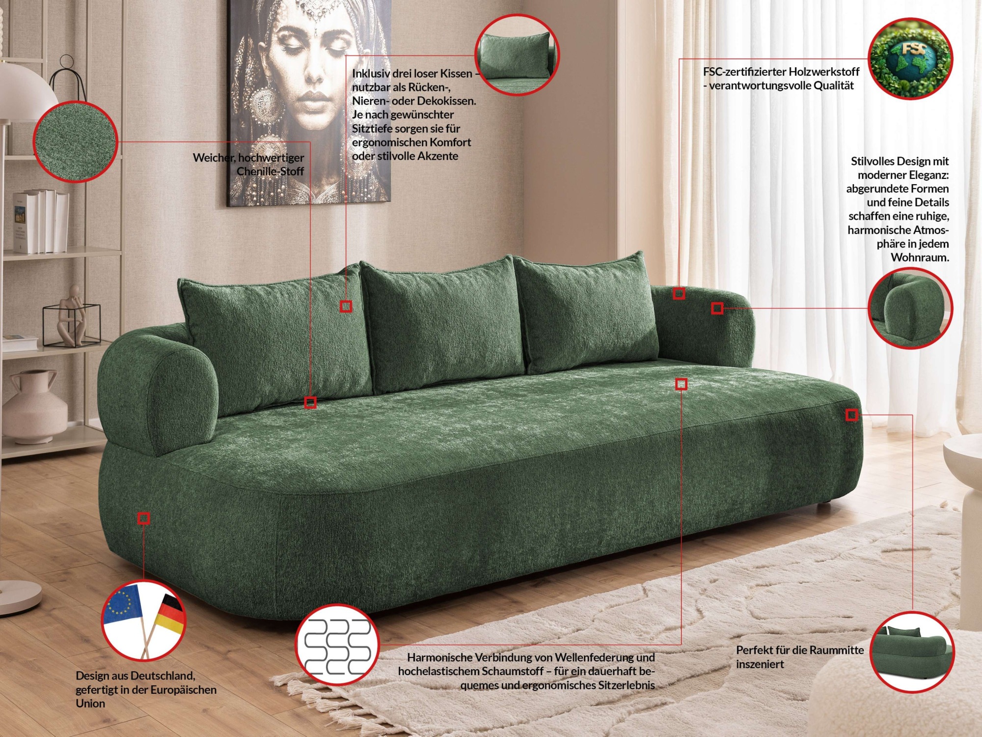 Thumbnail - Home affaire Big-Sofa "LUSSAC 4-Sitzer Design-Sofa mit Zierkissen, Maße B/T/H: 242/123/78 cm" hoher Sitzkomfort und mode...