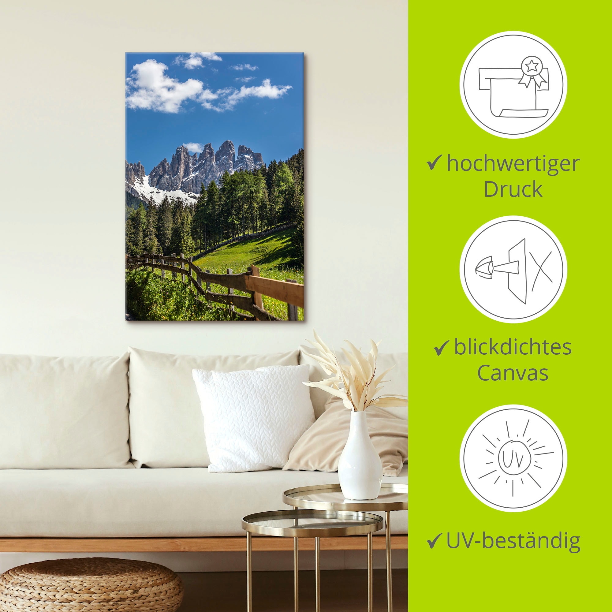 Artland Wandbild »Villnösstal mit Dolomiten, Südtirol«, Berge & Alpenbilder, (1 St.), als Leinwandbild, Poster in verschied. Größen