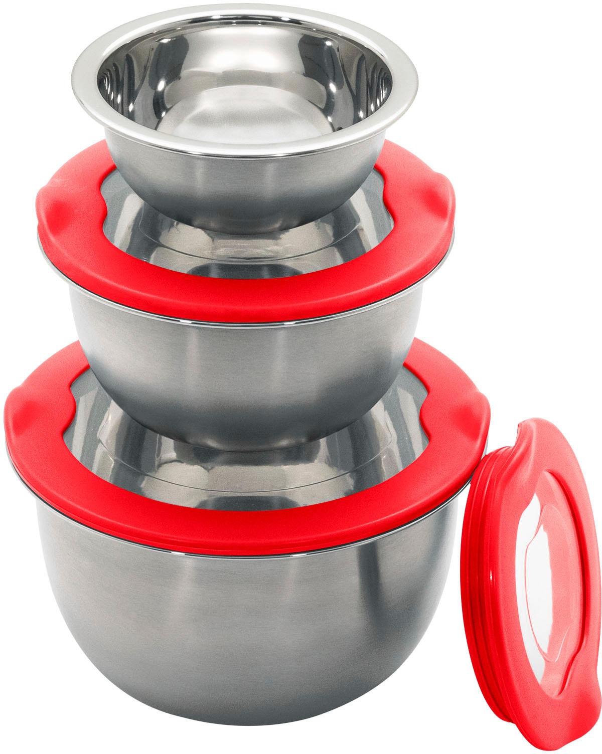 KING Schüssel "" FRESHIN"" 6 Stk. aus Edelstahl mit Frischaltedeckel, 1.5L, 0.8L, 0.2L, stapelbar