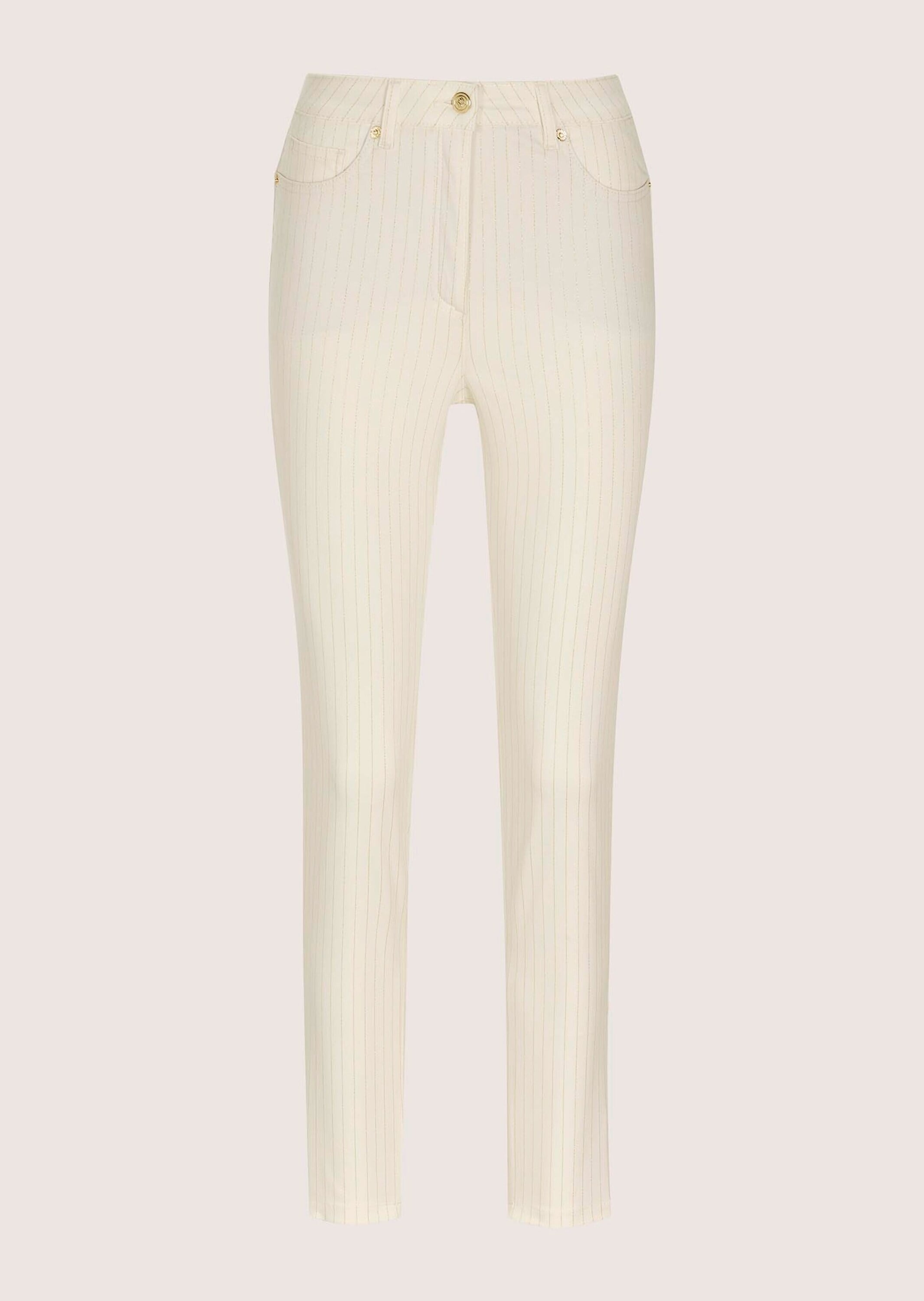 MADELEINE Stoffhose "Jerseyhose Baumwollhose mit Nadelstreifen" 5-Pocket mit goldfarbenem Nadelstreifen