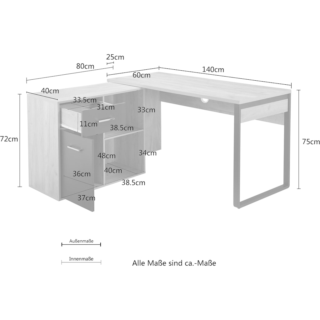 Places of Style Eckschreibtisch »Moid, Computertisch, Kabeldurchlass, mit Regalfächern,«