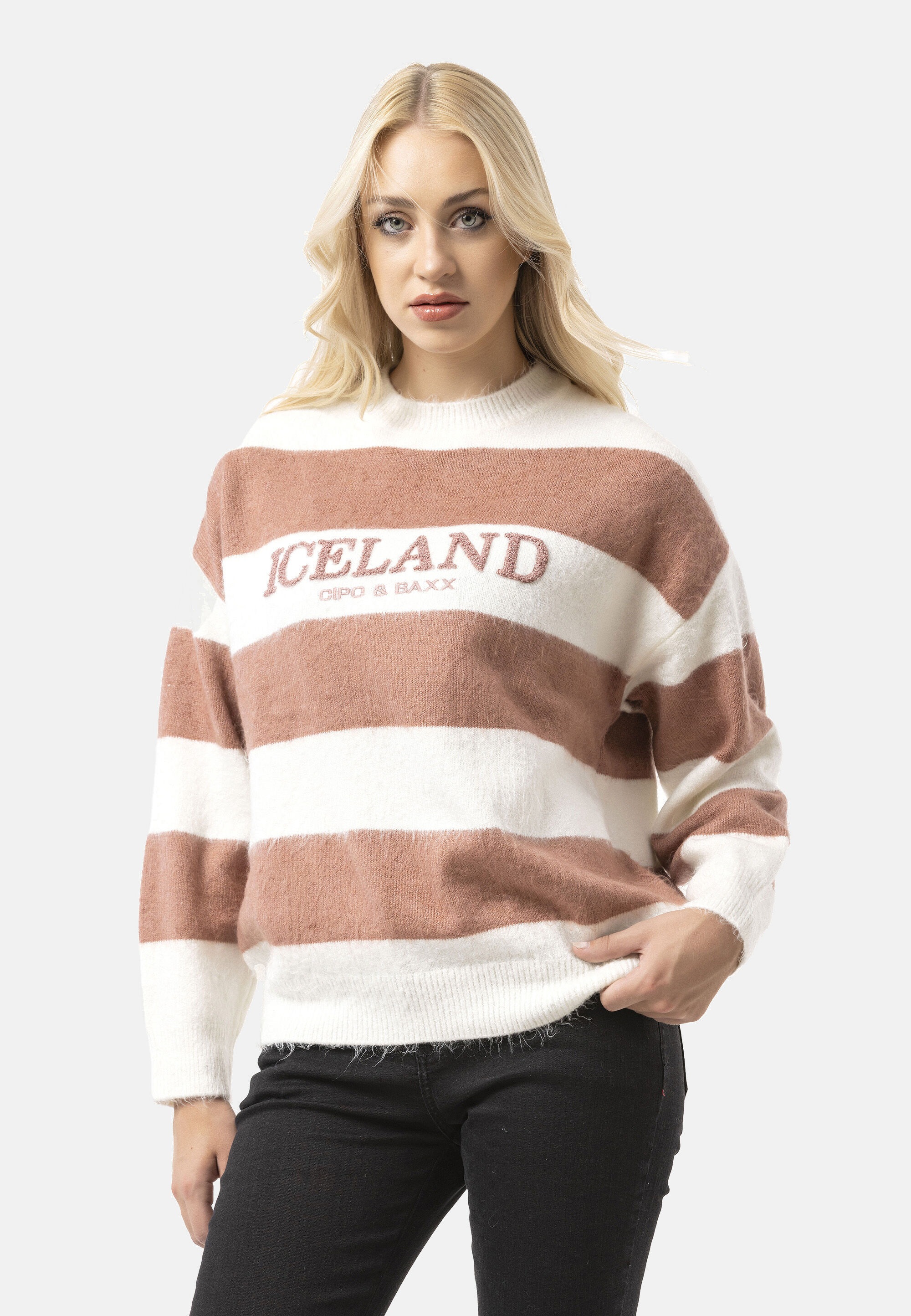 Cipo & Baxx Strickpullover »WP263« 1 Stk. Streifenmuster mit Frontprint