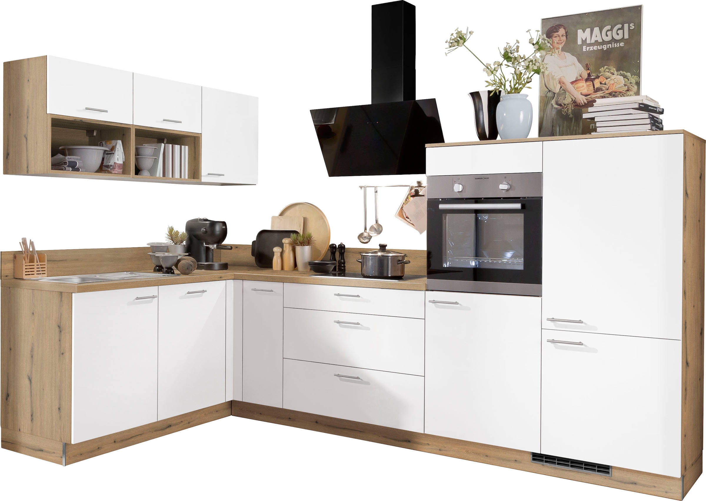 KOCHSTATION Küchenzeile "KS-Scafa, mit höhenverstellbaren Füßen" vormontiert, wahlweise mit E-Geräten, Stellbreite 305 x 185 cm
