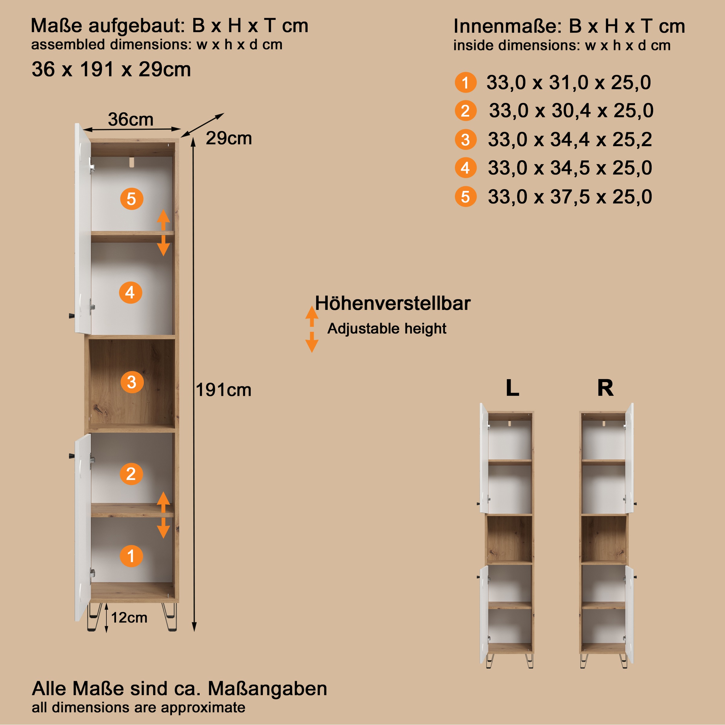 PLACES OF STYLE Hochschrank »Tarragona« 1 Stk. tlg. Hochschrank mit 1 Tür & 1 Klappe - (B/T/H) 36/29/191 cm