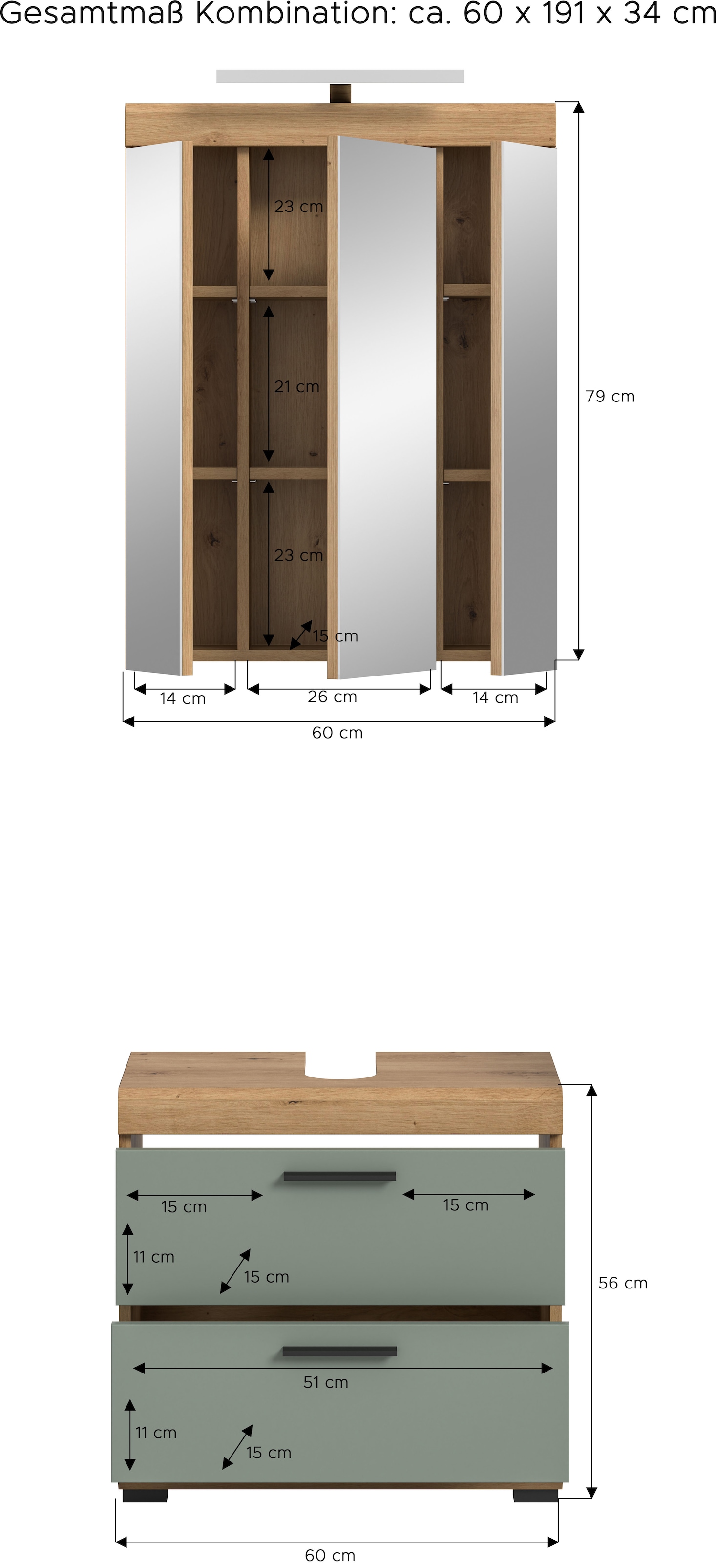 INOSIGN Badmöbel-Set »Siena, 2 teilig, inklusive LED Beleuchtung, bestehend aus:«, (Set), Waschbeckenunterschrank, Spiegelschrank, LED Badaufsatzleuchte