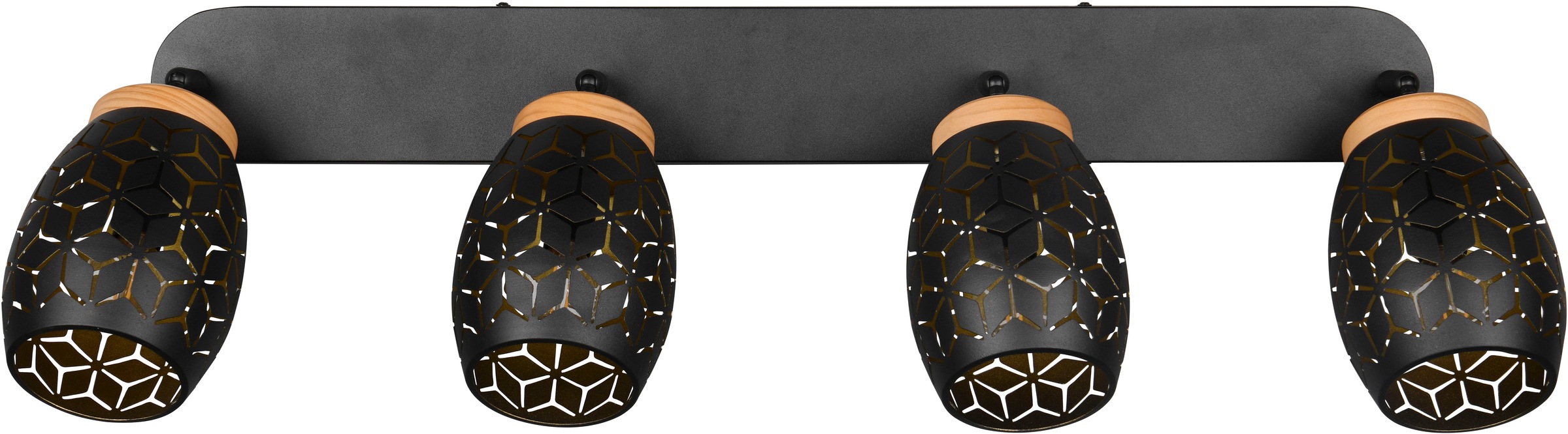 REALITY Leuchten Deckenstrahler »BIDAR 4-flammig, exkl 4x E14 max 10W, Deckenlampe Spots verstellbar«, 4 flammig, Leuchtmittel E14 | Leuchtmittel wechselbar, Metall-Lampenschirm mit Lasercut Muster und Holz-Dekoelementen