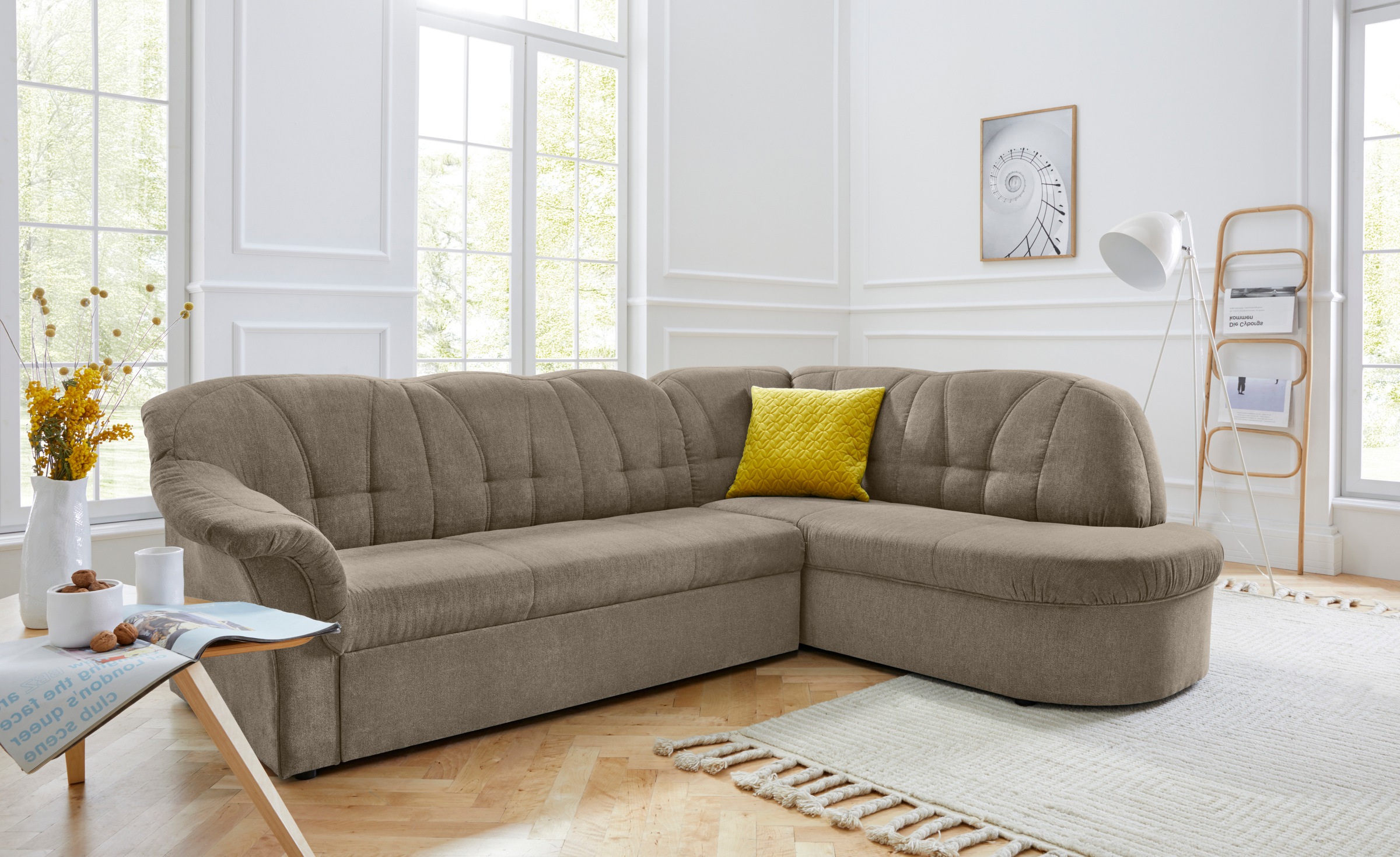 DOMO collection Ecksofa "Pegnitz, zeitlose und elegante Rückensteppung, Breite 246cm, L-Form" wahlweise mit Bettfunktion