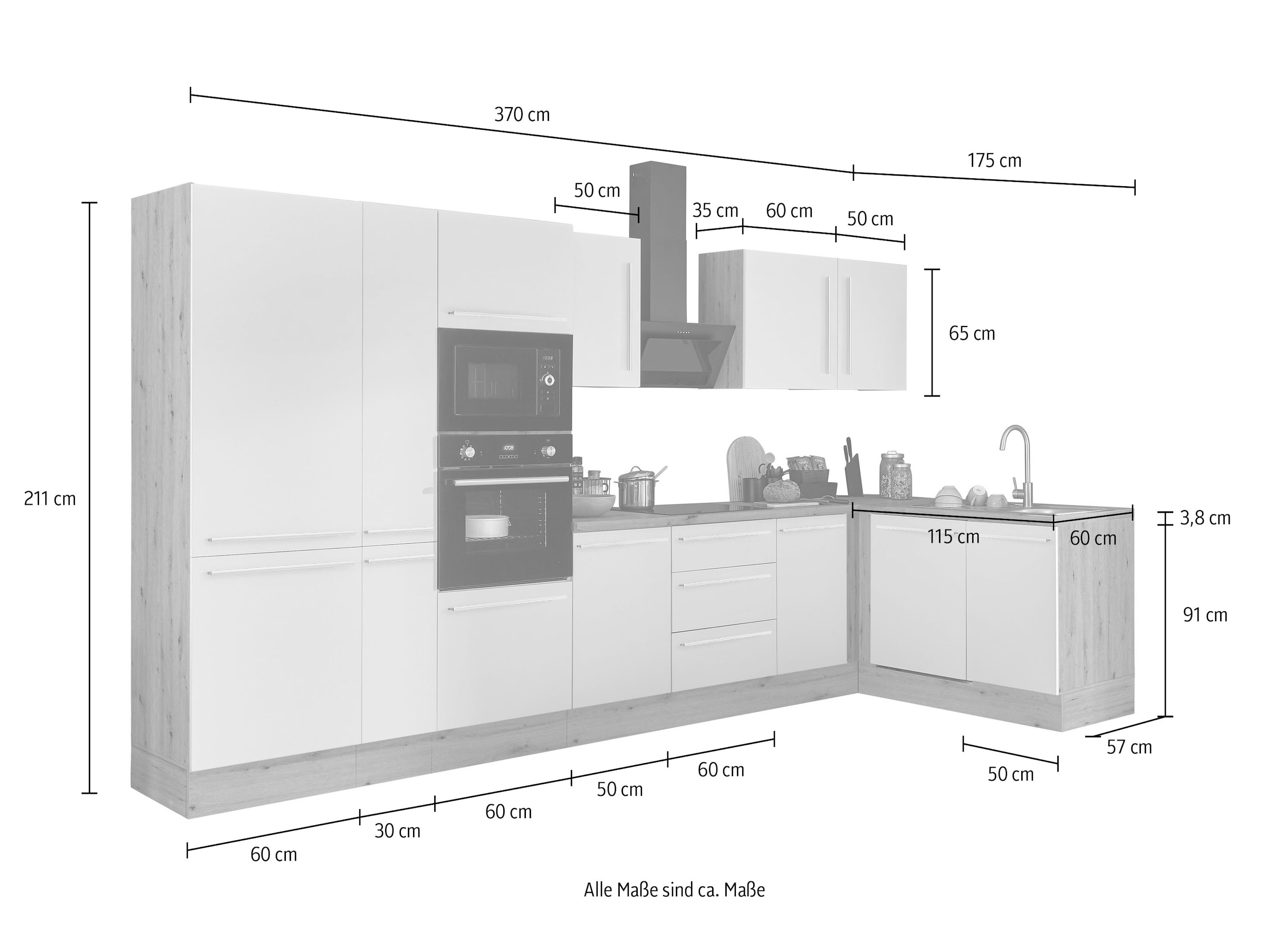 KOCHSTATION Winkelküche »Florida, Stellbreite 370x175 cm«, wahlweise mit E-Geräten, mit Softclose für Türen und Schubkästen