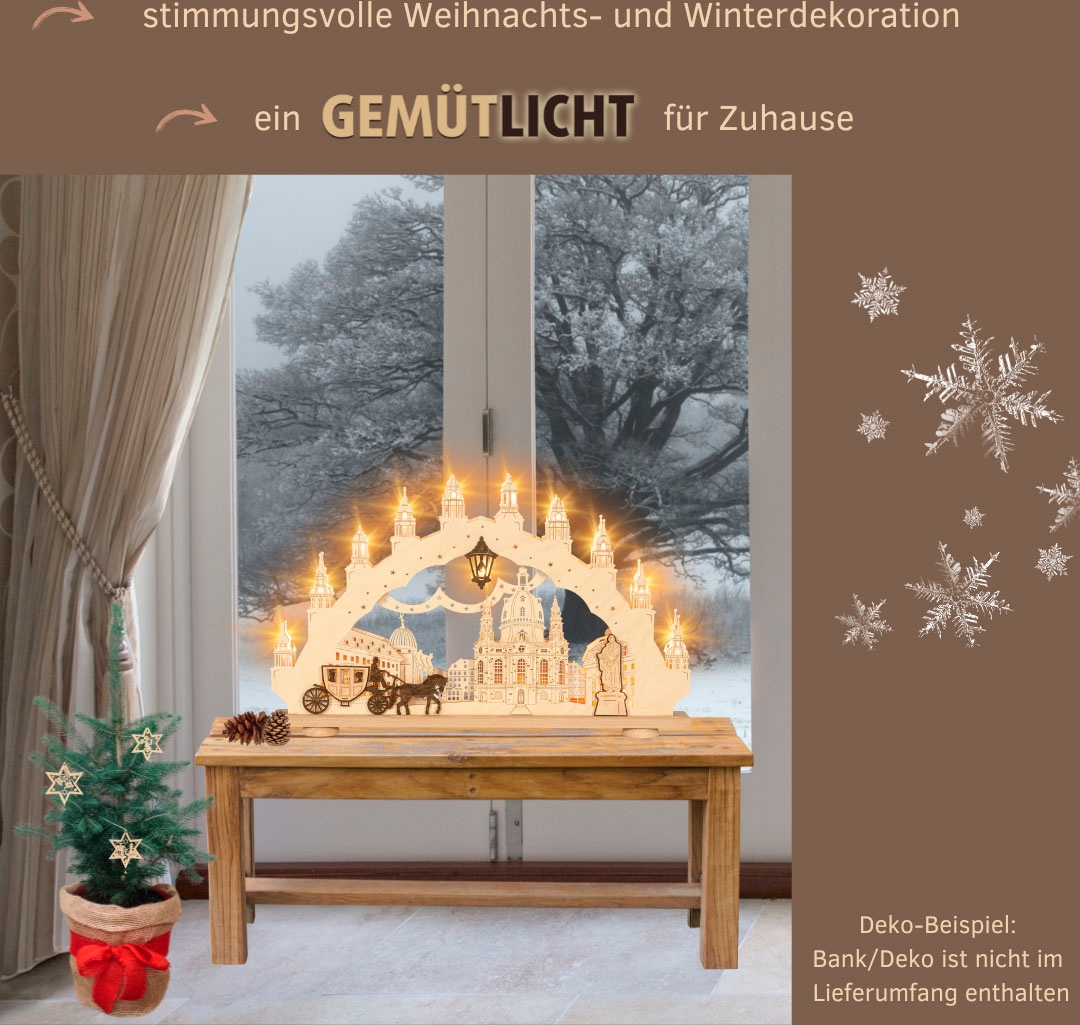 Weigla LED Schwibbogen »Dresdner Frauenkirche, Lichterbogen aus Holz, NATUR-BRAUN«, Erzgebirge garantiert, Weihnachtsdeko Innen, Weihnachtsbeleuchtung