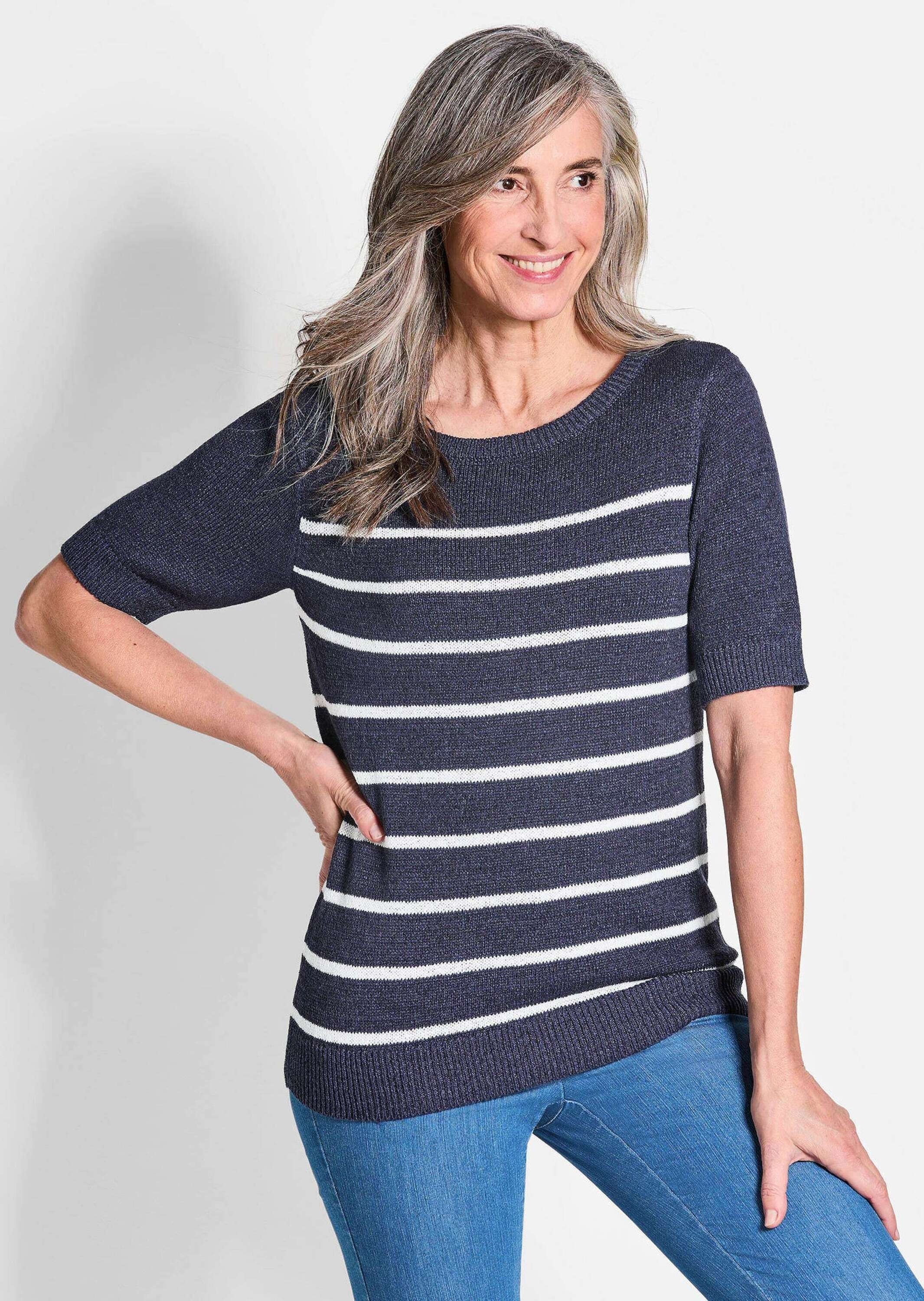 Thumbnail - GOLDNER Rundhalspullover "Kurzgröße Maritimer Pullover, U-Boot-Ausschnitt" Rippenblende