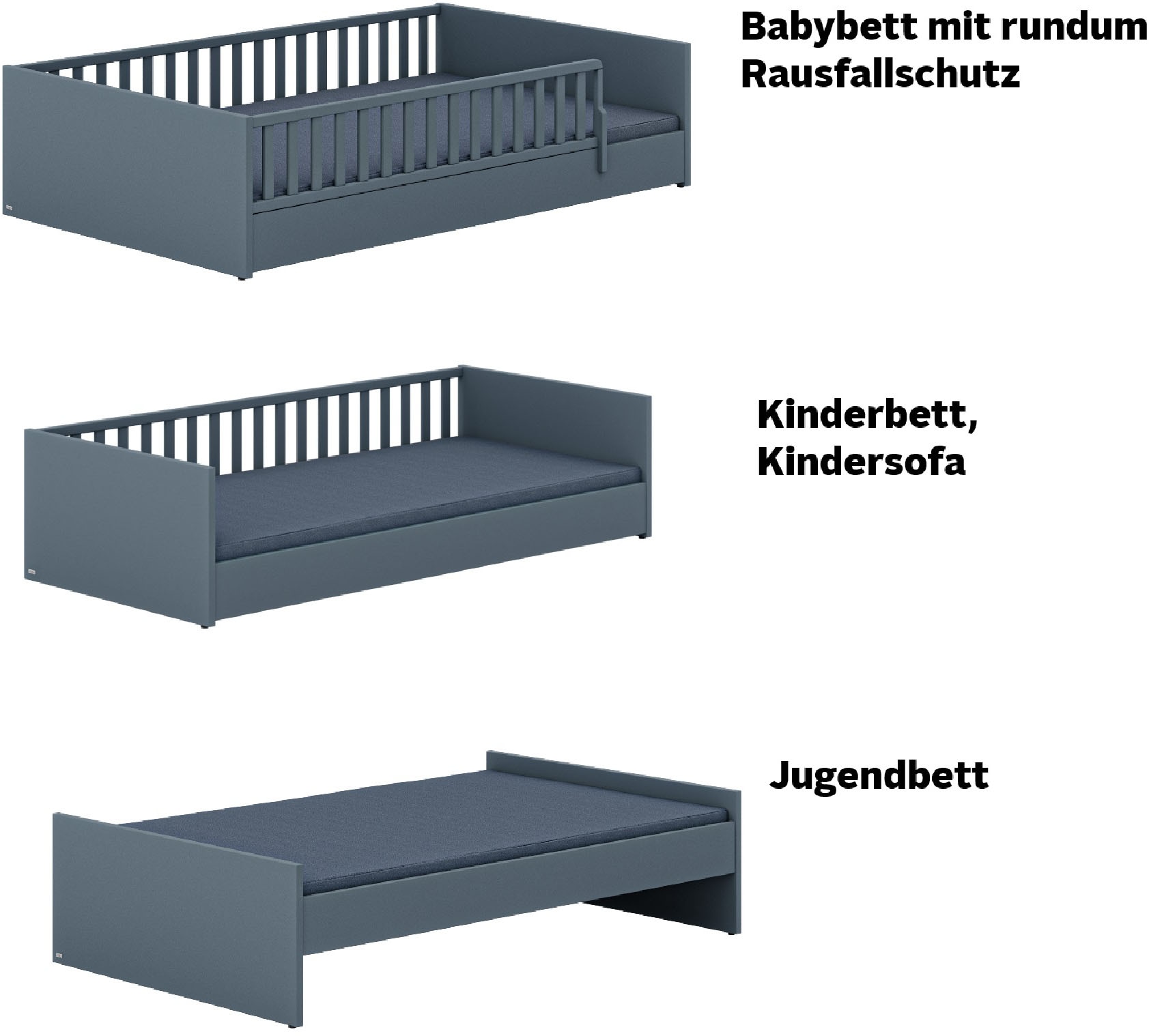 PAIDI Kinderbett »LITTLE FLO, vom Baby bis zum Teeni, in mehreren Farben und Breiten«, (Breite/Länge: 90x200cm + 120X200cm +140x200cm), umbaubar zum Kinder- oder Jugendbett, auch als Sofa nutzbar