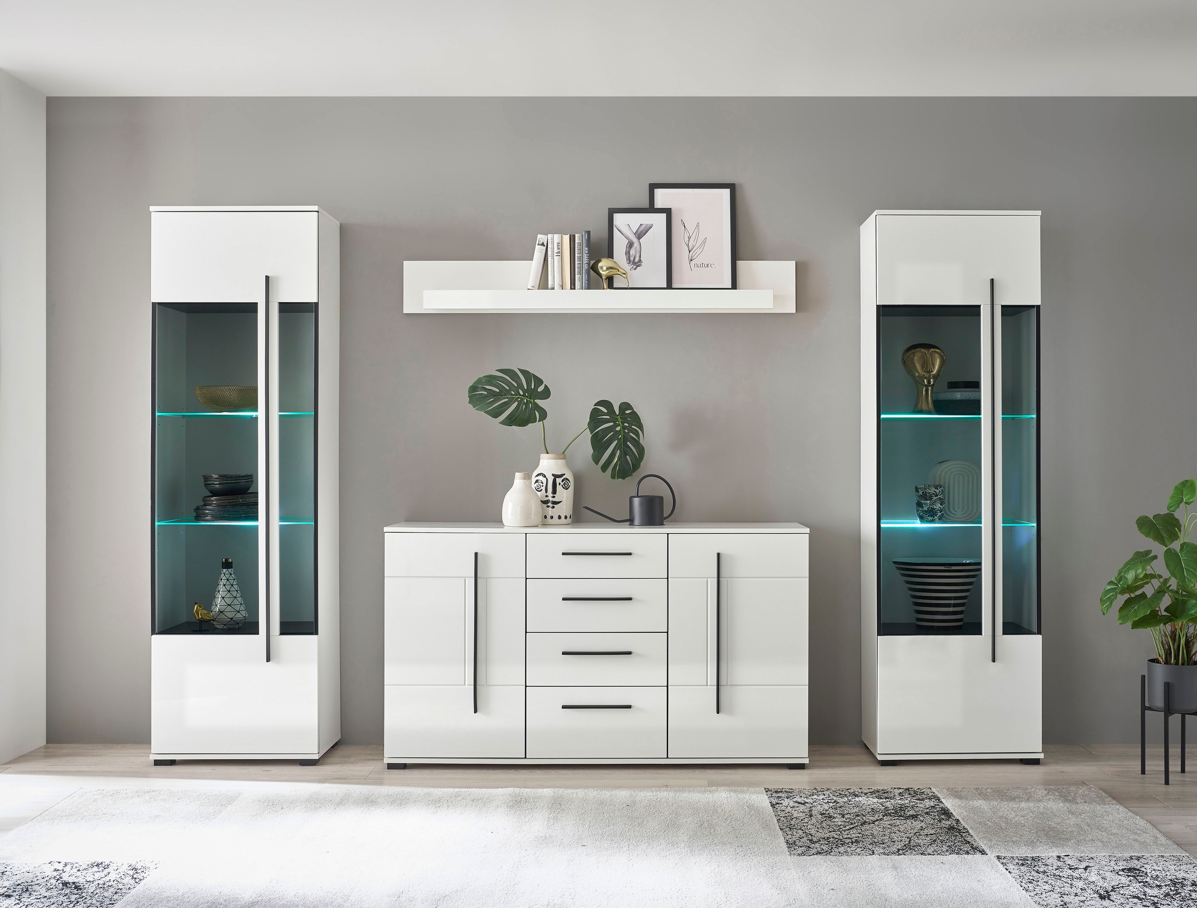 INOSIGN Wohnwand »Cantara, moderne Anbauwand, Wohnzimmer-Set, in Eiche Evoke oder Weiß«, (Set), enthält zwei Vitrinen, ein Sideboard und ein Wandboard