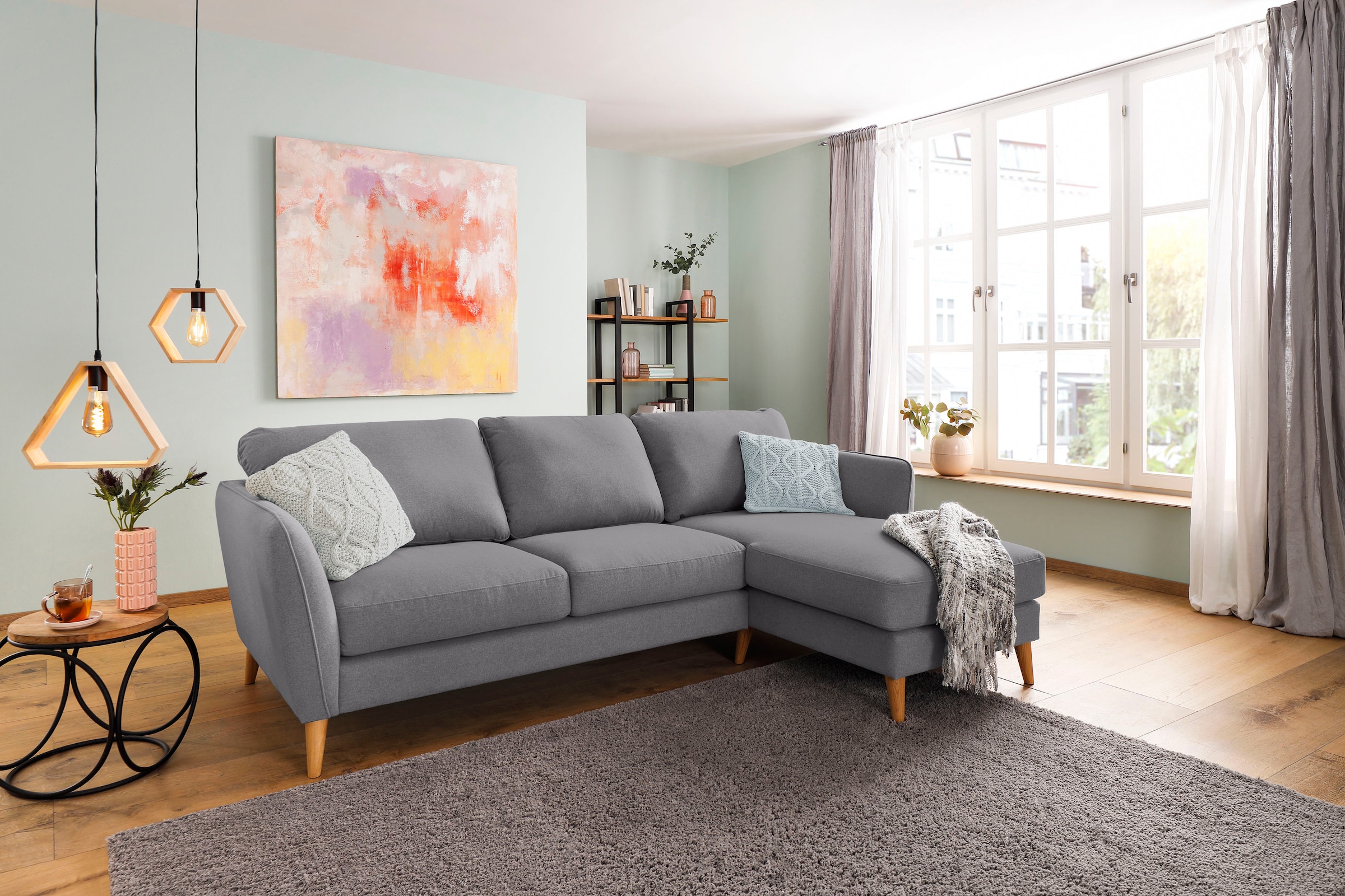Home affaire Ecksofa »MARSEILLE (242/152cm),L-Form, Rec. rechts/links«, Massivholzbeine Eiche, Landhausstil, Wellenunterfederung