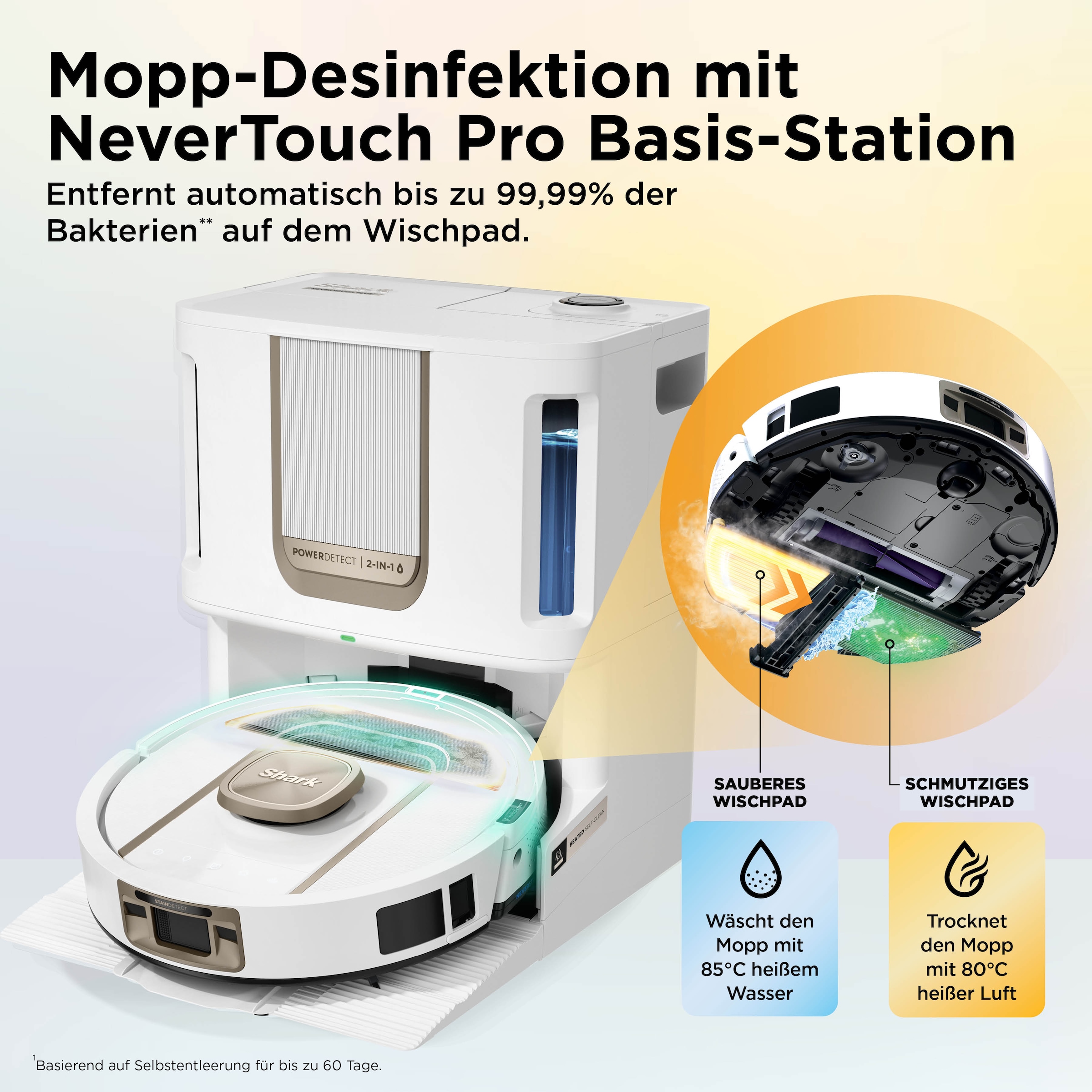 Shark Saugroboter »Shark ThermaCharged PowerDetect Nass- und Trocken-Saugroboter - weiß« beheizte Basisstation verwendet 85°C heißes Wasser und 80°C warme Luft
