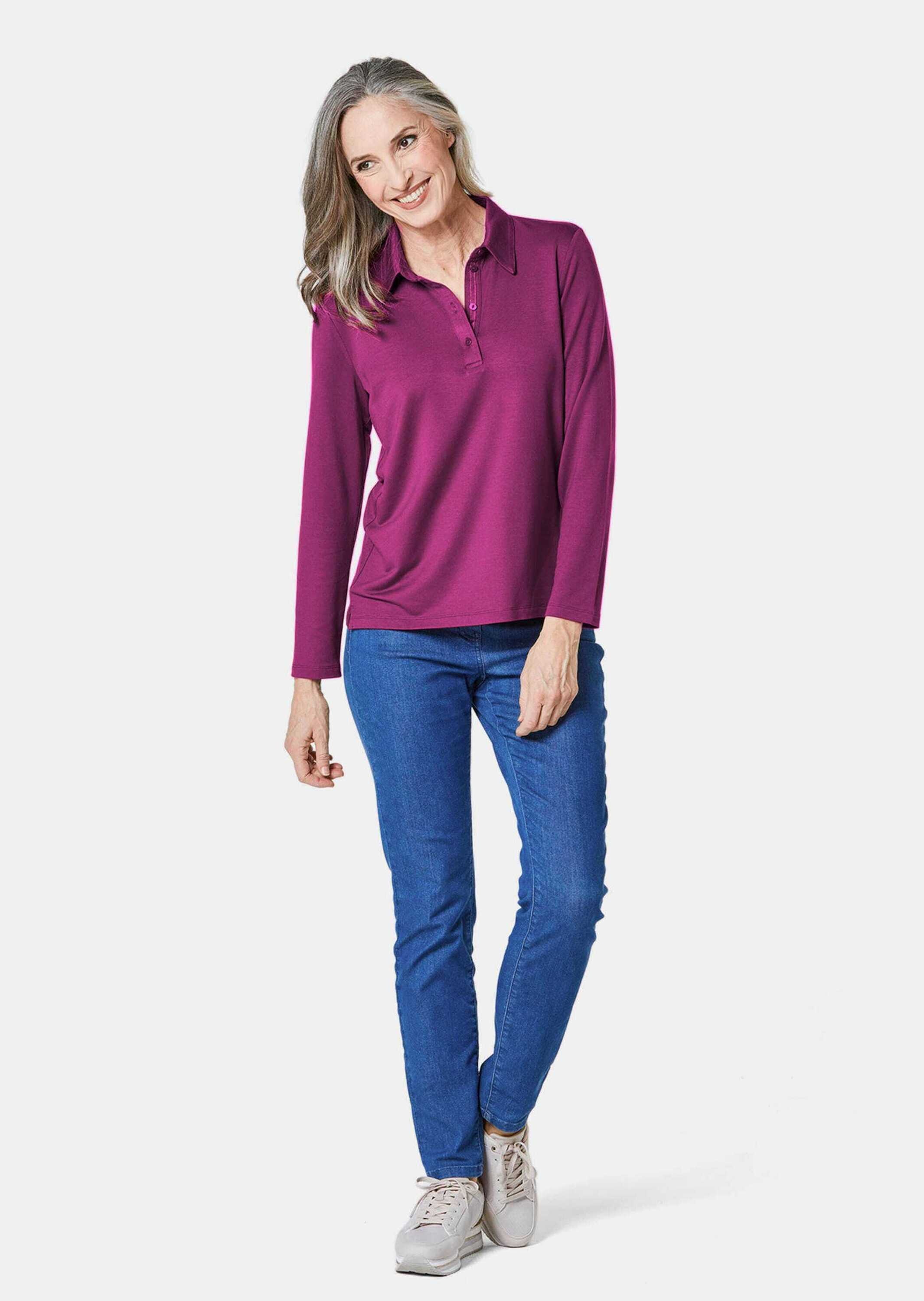 GOLDNER Poloshirt "Kurzgröße Langarm Poloshirt mit Schmuckband an Knopfleis günstig online kaufen