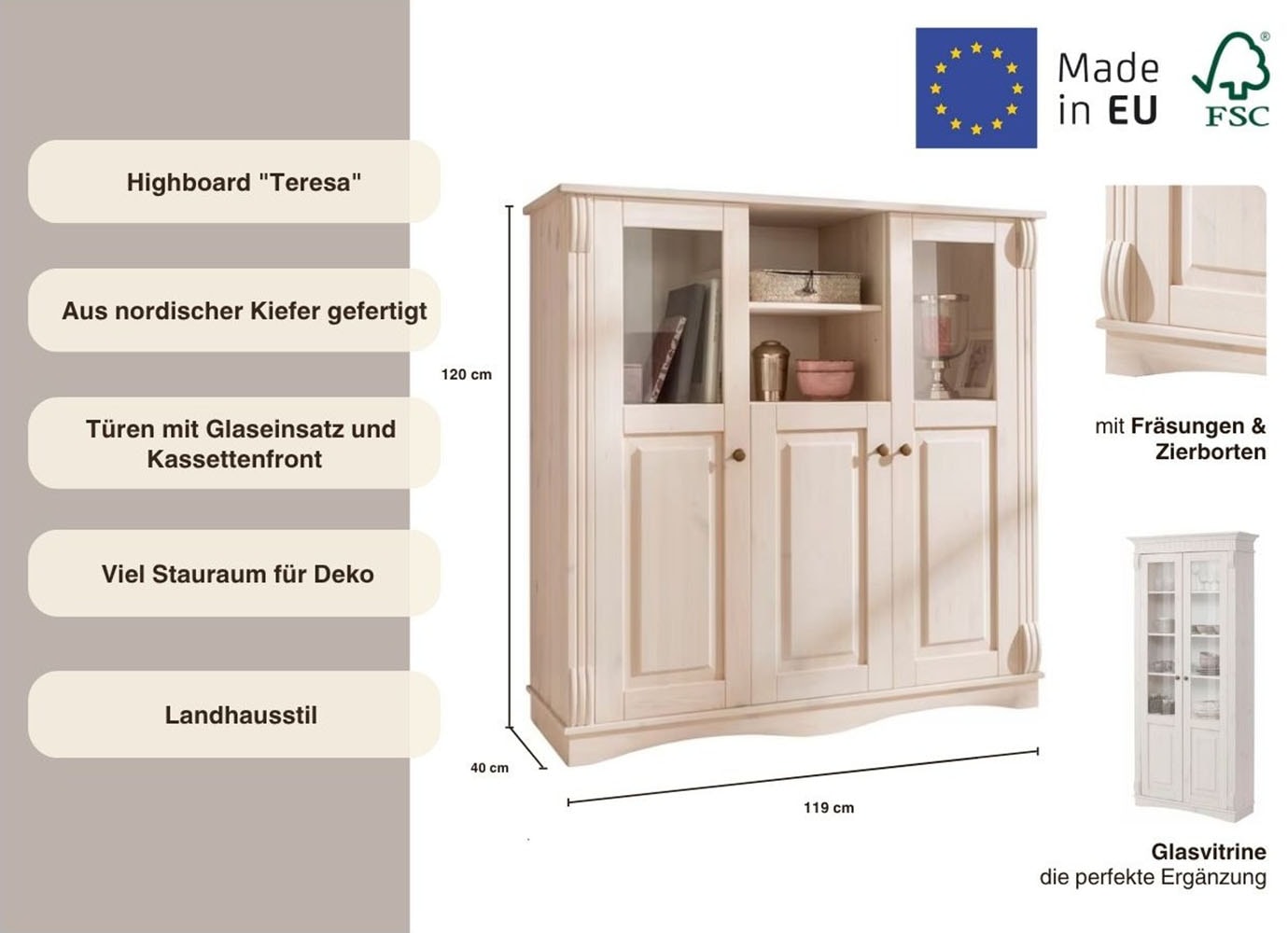 Home affaire Highboard »Teresa«, (Maße (B/T/H): 119/40/120 cm), Vitrine, Türen mit Glaseinsätzen, aus massiver Kiefer, FSC®