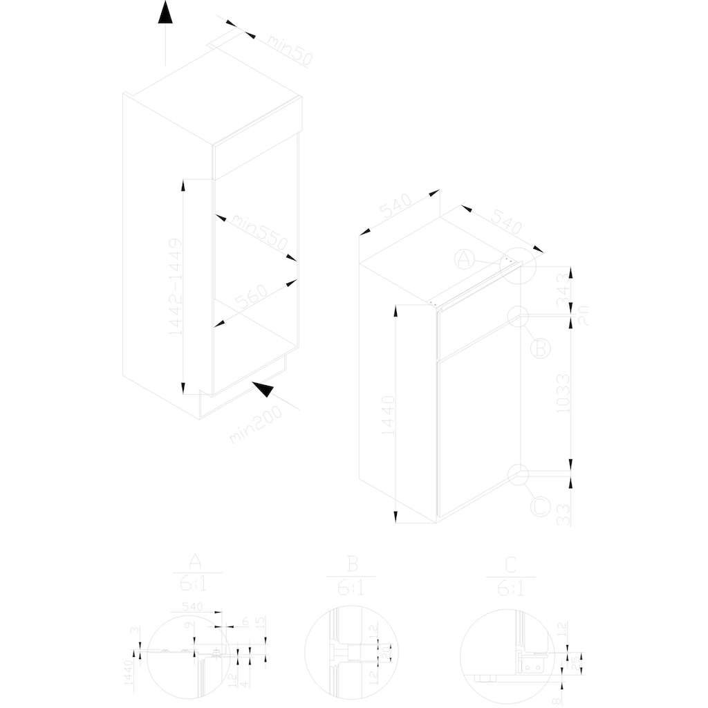 Amica Einbaukühlgefrierkombination, EKGC16166, 144 cm hoch, 54,5 cm breit