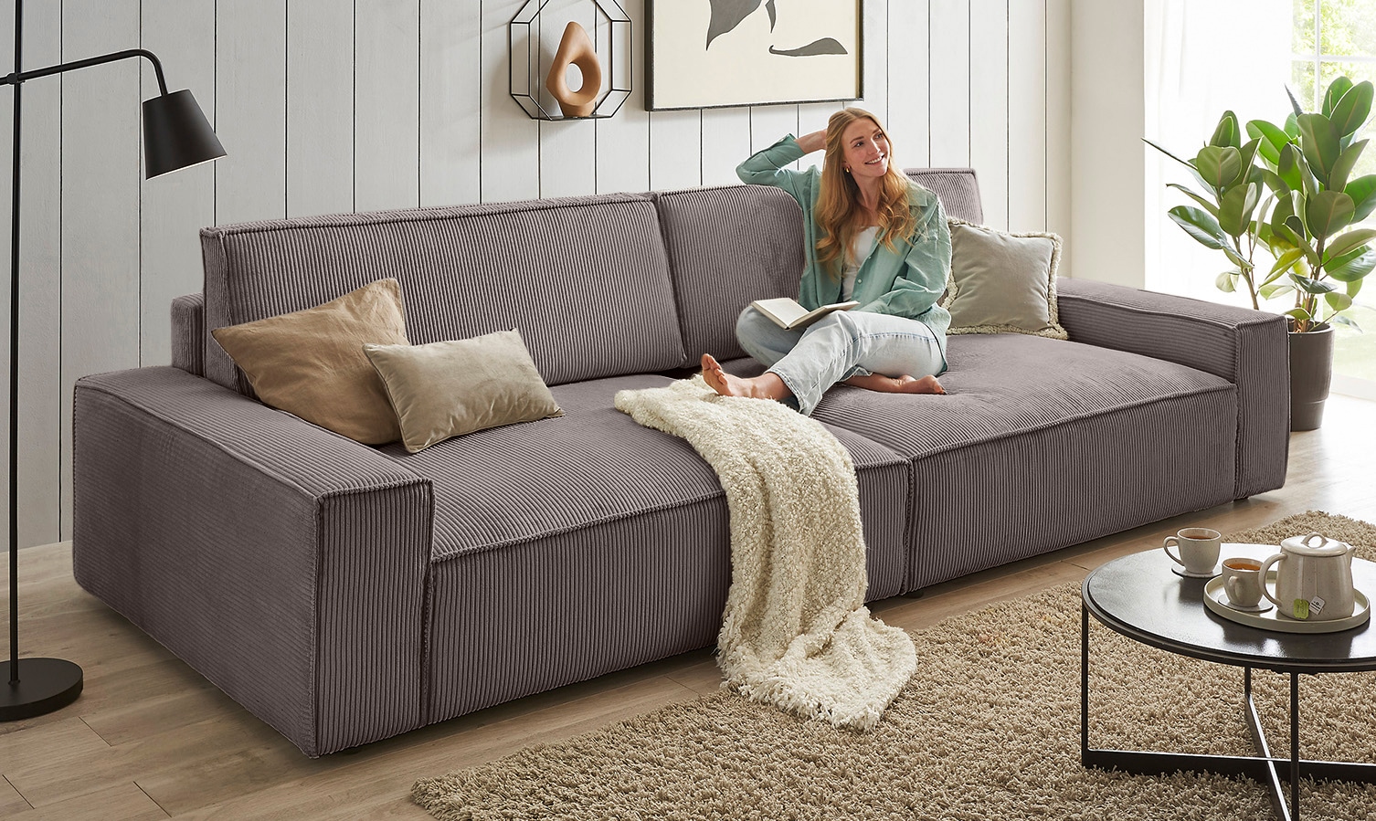 OTTO home Big-Sofa "SHERWOOD XXL Cord, Big-Sofa (316cm), extra tiefe Sitzfläche 95 cm" bequemer Sitzkomfort, Cord u. Leinenoptik, Kedernaht