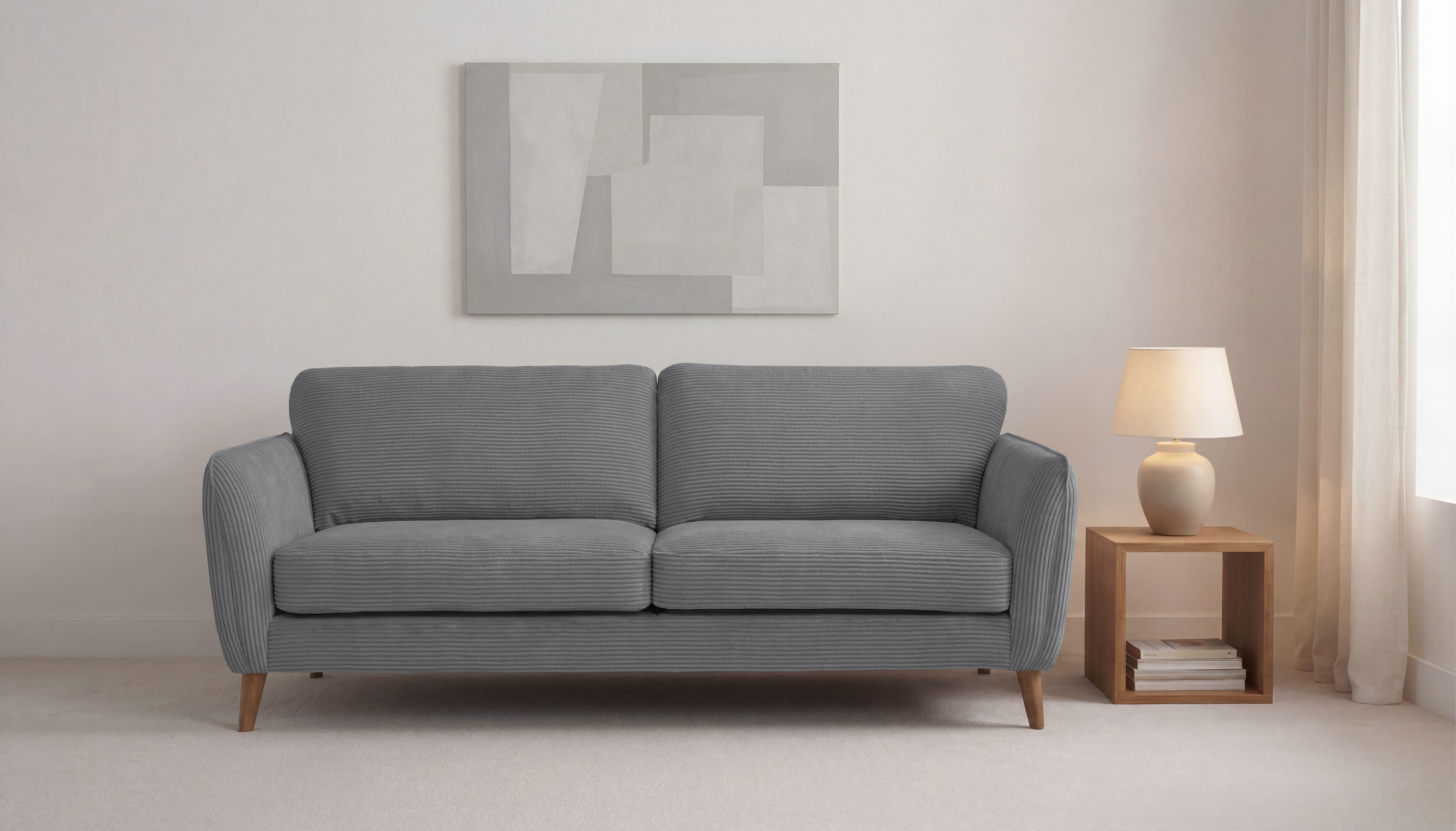OTTO home 3-Sitzer "MARSEILLE 3er Sofa 206 cm, Cord, Flachgewebe, Struktur, Webstoff" Massivholzbeine Eiche, Landhausstil, Wellenunterfederung