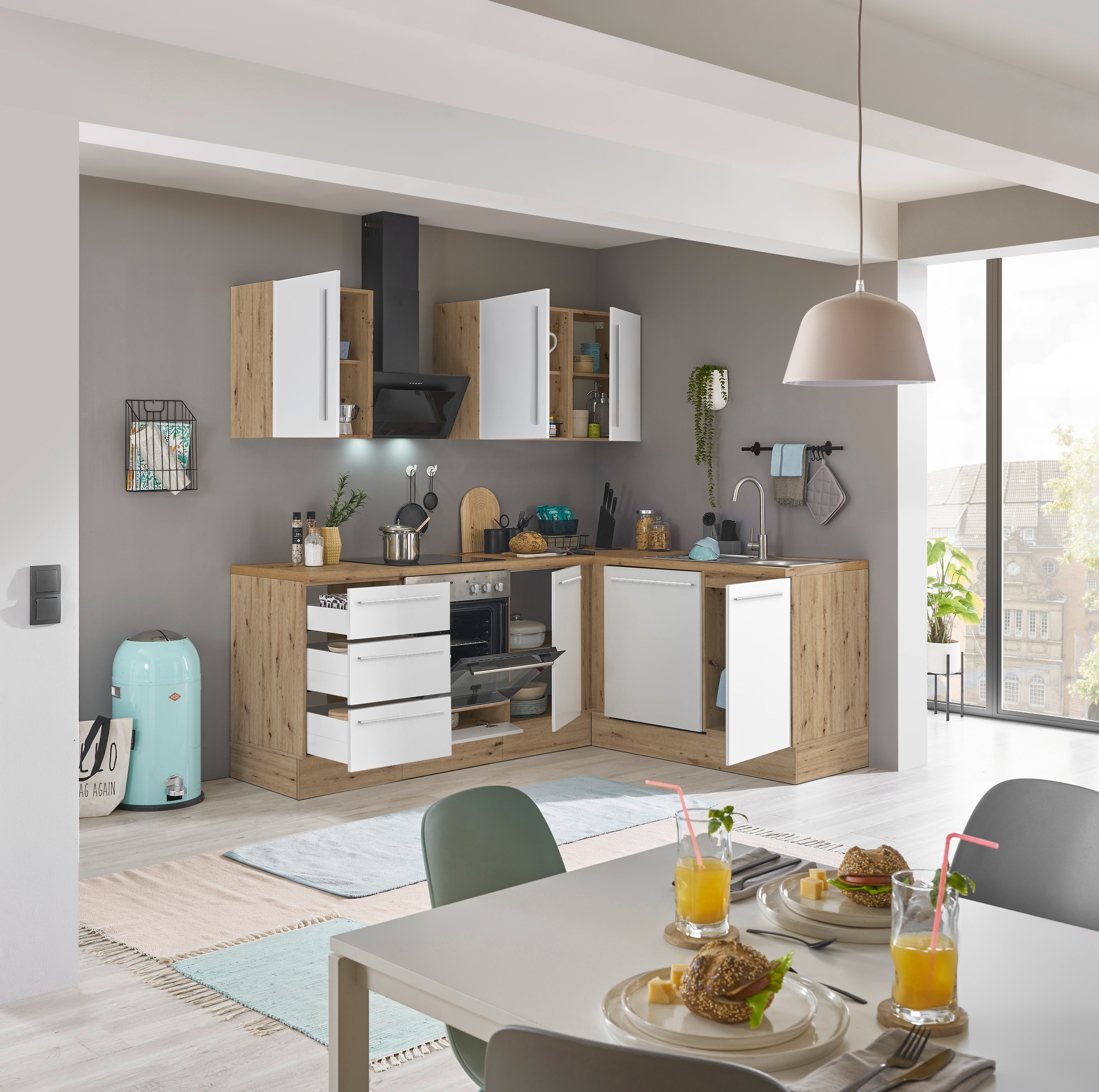 KOCHSTATION Winkelküche »Florida, Stellbreite 220x175 cm«, wahlweise mit E-Geräten, mit Softclose für Türen und Schubkästen