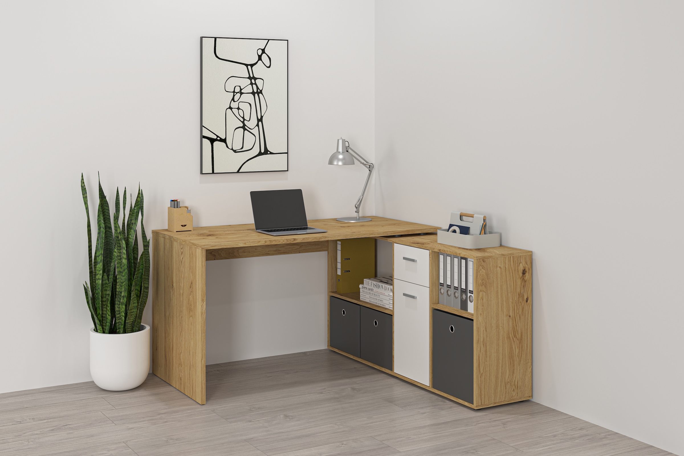 FMD Eckschreibtisch »Lexo«, Schreibtisch/Sideboard viel Stauraum, beidseitig montierb., 136/205 cm