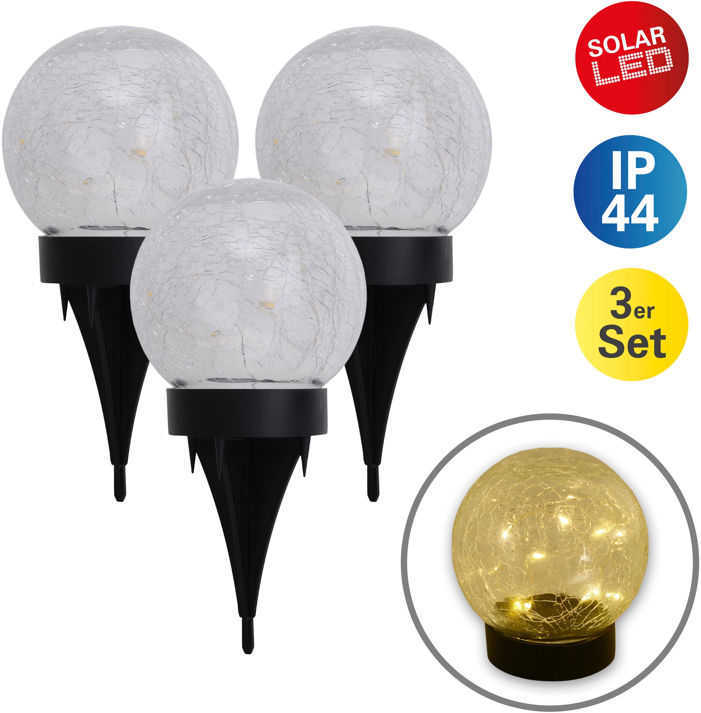 näve LED Solarleuchte "Crackle" 3 Stk. Warmweiß 3er Set, klar/schwarz, als günstig online kaufen