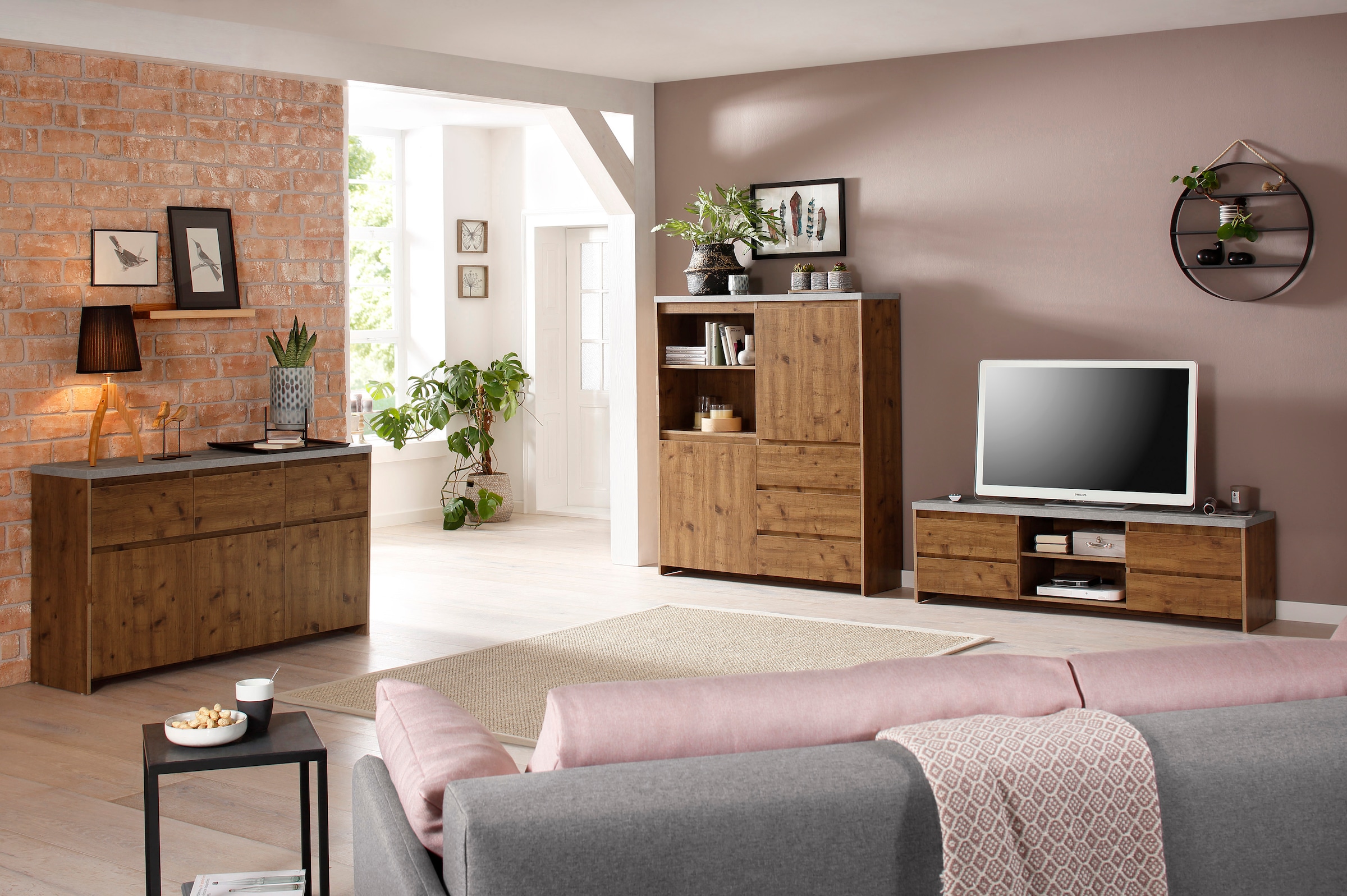 Home affaire Highboard »Maribo«, Kommode im modernen Landhaus-Stil, mit Betontopplatte, Breite 140 cm