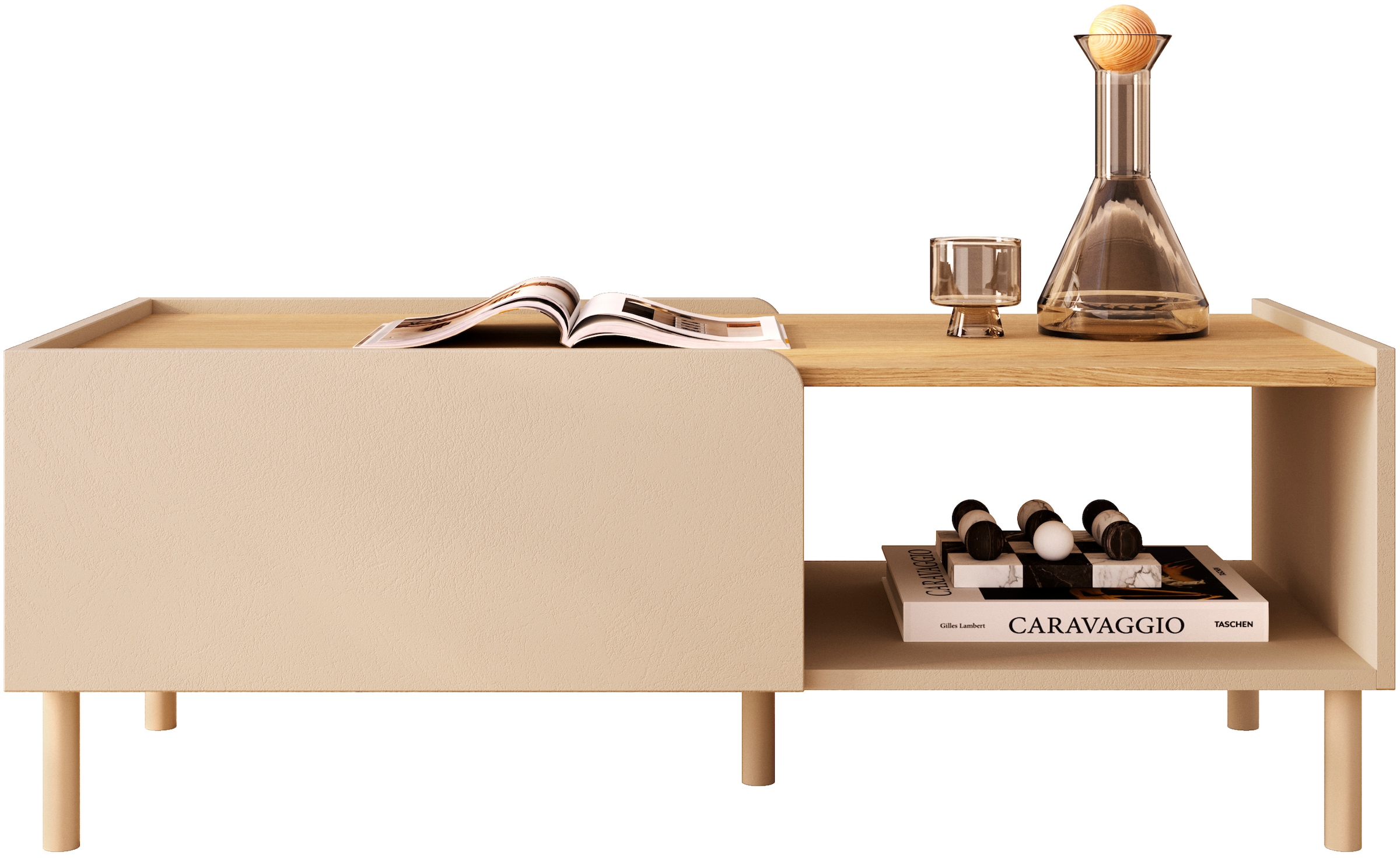 OTTO home Couchtisch »Dobbiaco 112x54 cm Korpus-Couchtisch, 2 Klappen, offenes Fach« Rechteckiger Wohnzimmertisch mit flexiblem Stauraum & Metallfüßen