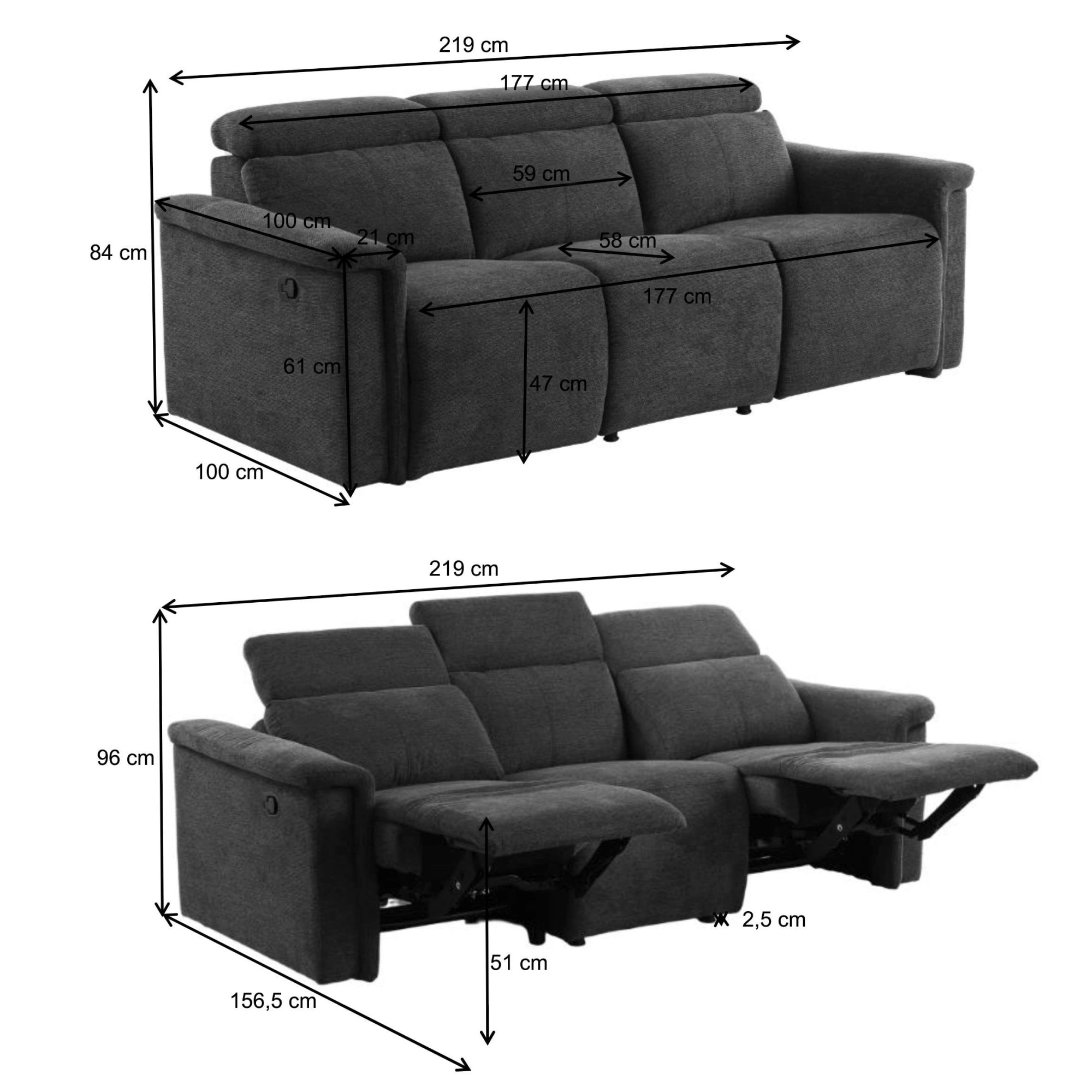 OTTO home 3-Sitzer »LUND NEW Cord (219cm), manuelle/elektrische Relaxfunktion in 2 Sitzen« USB-A/C bei elektrischer Variante und Kopfteilverstellung