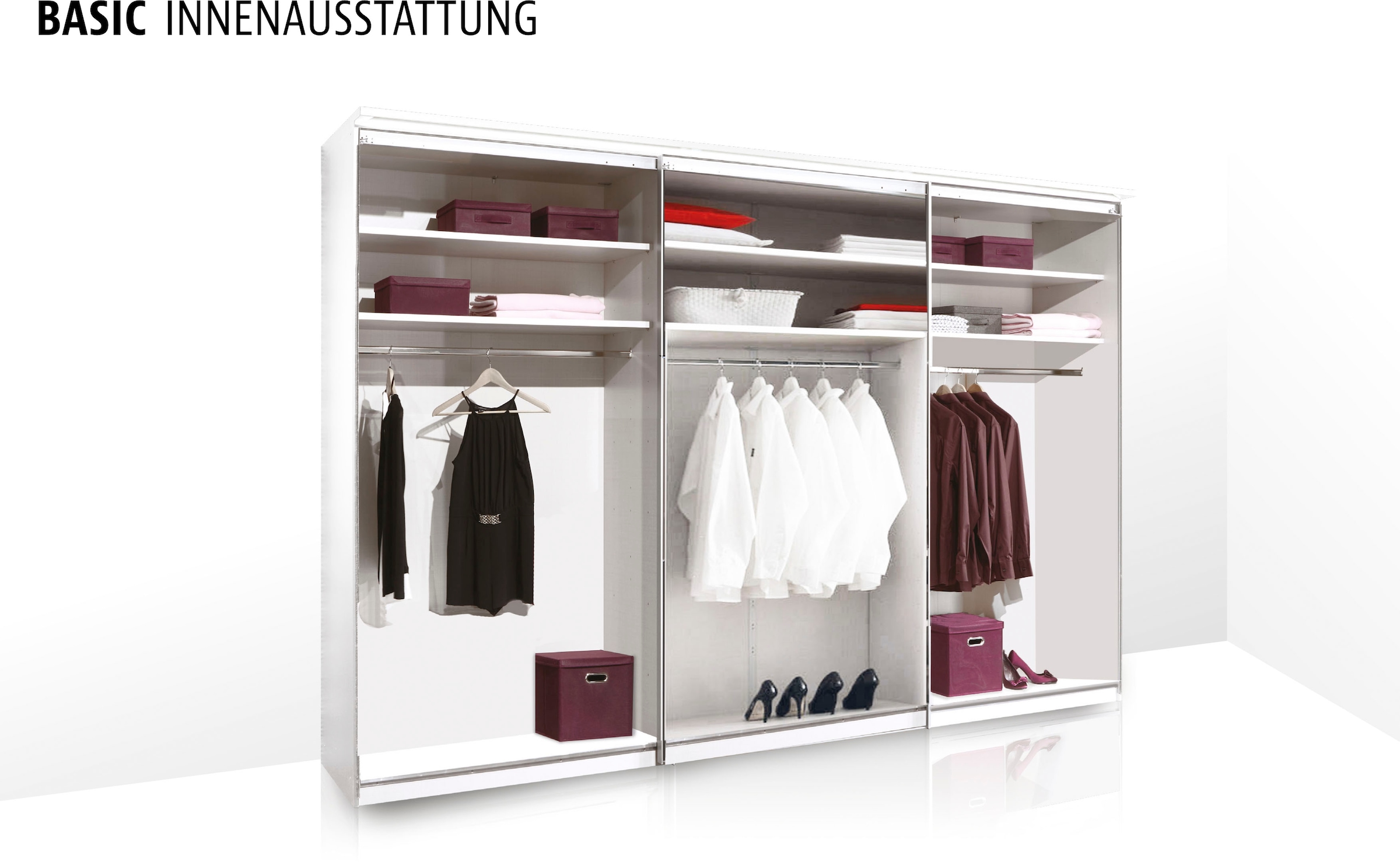 STAUD Schwebetürenschrank »Includo, Made in Germany«, Mit Spiegeltüre und vier verschiedenen Ausstattungsvarianten