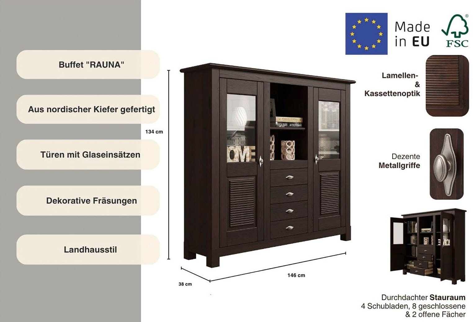 Home affaire Buffet »Rauna«, Highboard, massive Kiefer, Türen mit Glaseinsätzen, B/H 146/134 cm