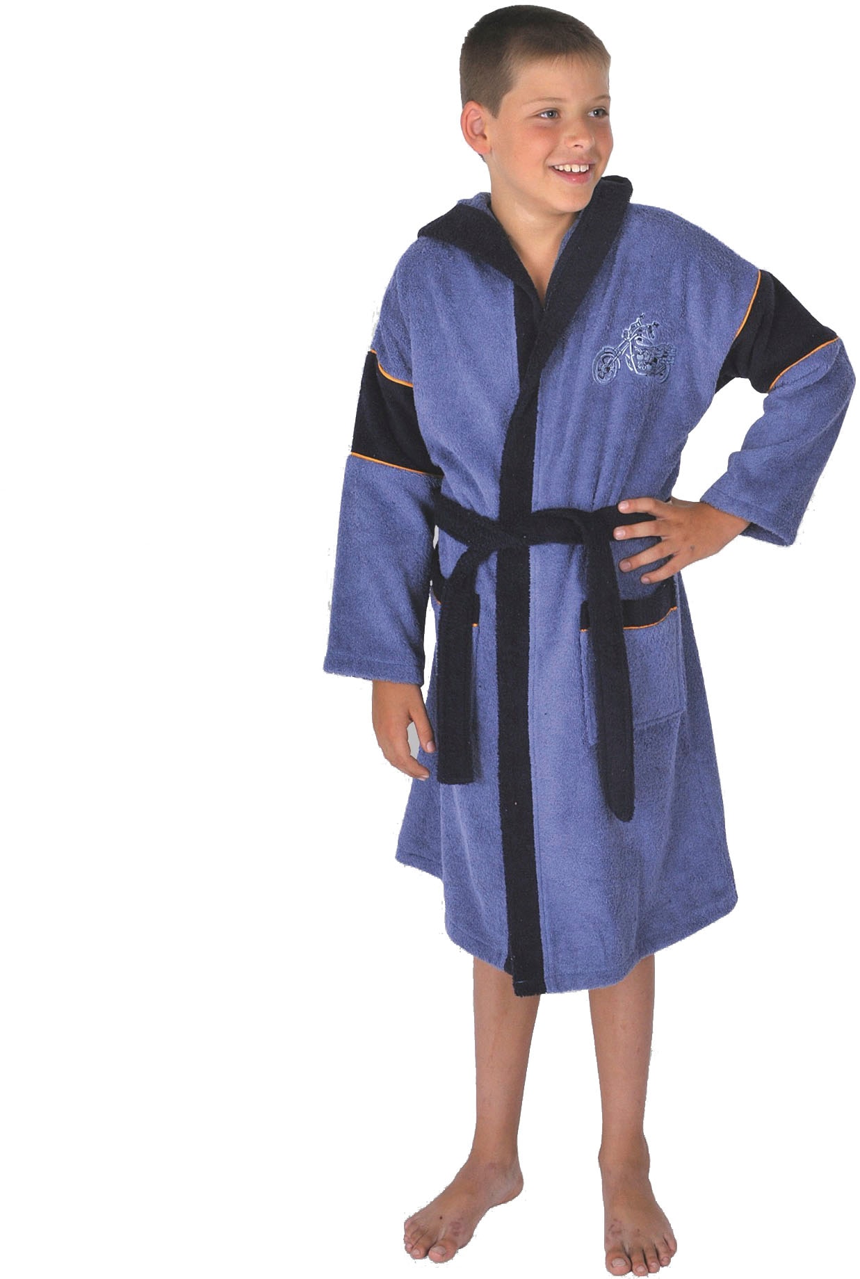 Kinderbademantel WÖRNER, L:80cm, blau, Baumwolle, Hausmäntel, "Motorrad jeans", mit Stickerei, mit Taschen, maschinenwaschbar, trocknergeeignet