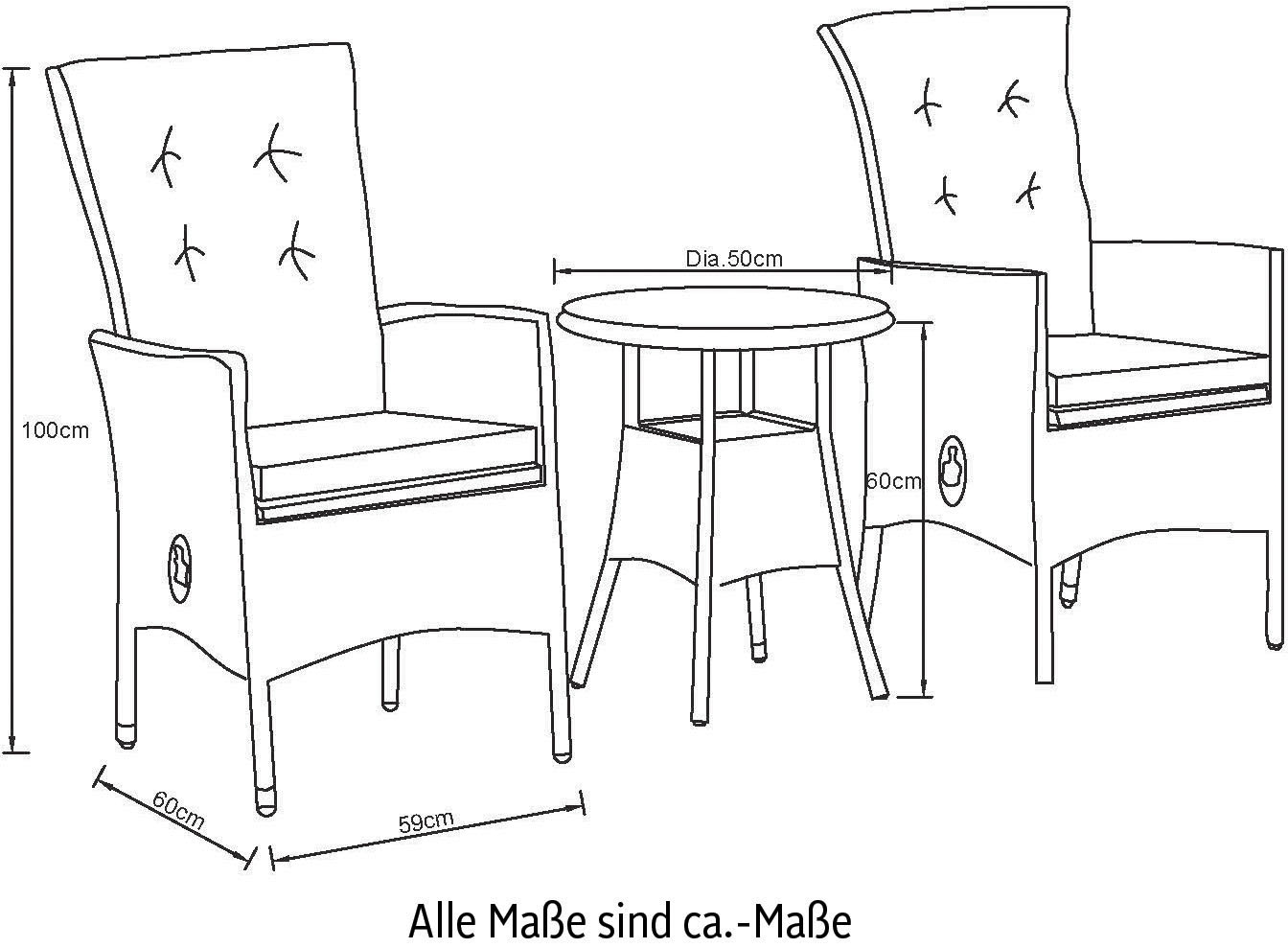 KONIFERA Balkonset »Belluno«, (Set, 5 tlg., 2x Sessel, 1x Tisch Ø 50 cm, inkl. Auflagen), Polyrattan, Sessel sind stufenlos verstellbar, Grau, Stahl