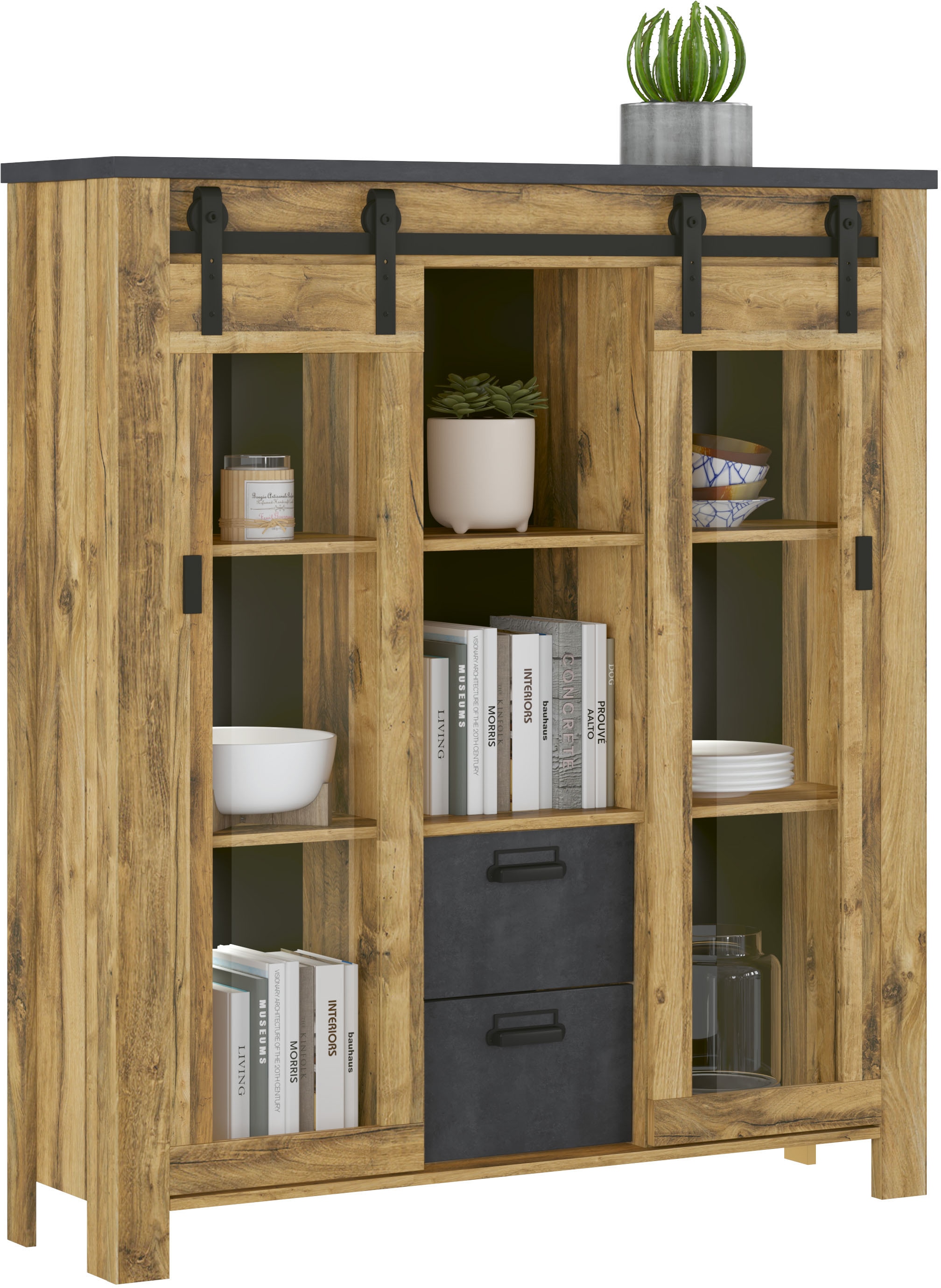 Home affaire Highboard »York, moderner Hochschrank, Vitrine in Hunton Oak, Industrialdesign«, mit Scheunentorbeschlägen & Apothekergriffen aus Metall, 150 cm hoch