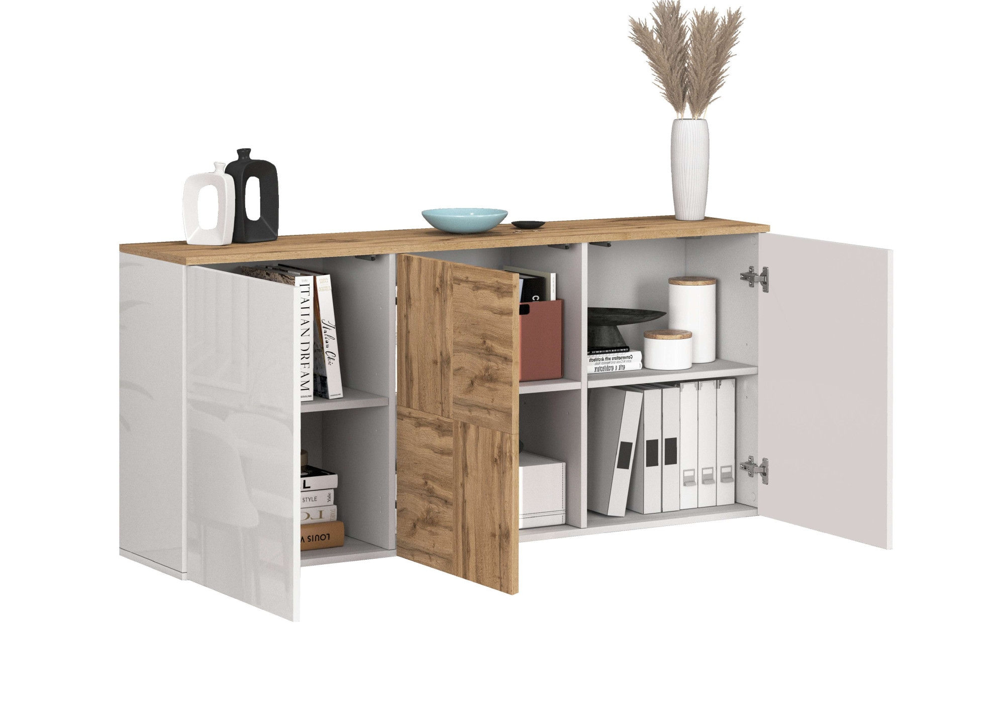 INOSIGN Sideboard »Sideboard ISEO, Kommode, Schrank, Kredenz« 1 Stk. tlg. stehend/hängend, 3 Türen HG lackiert, 6 Fächer, B 150 cm