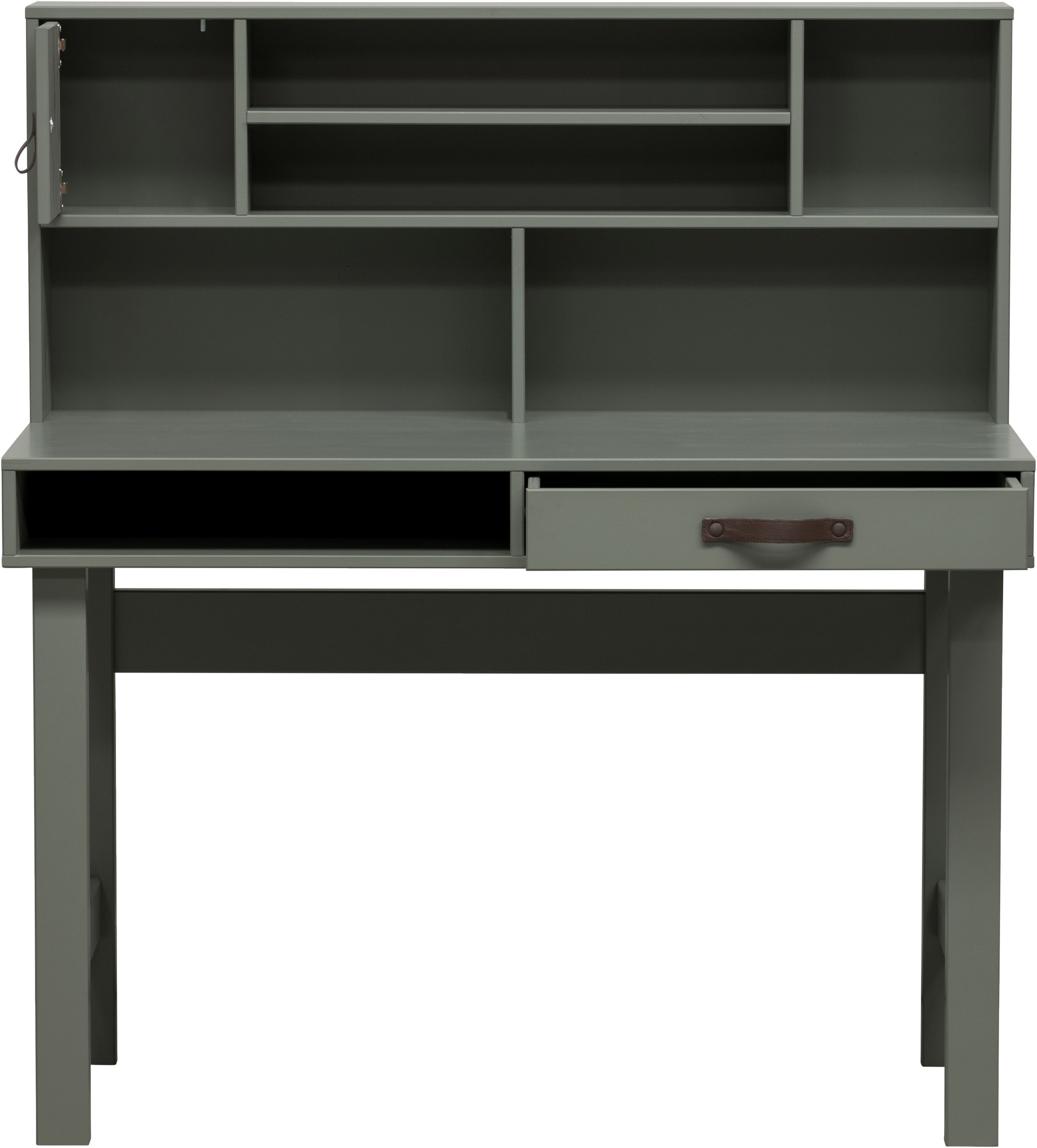 WOOOD Schreibtisch »Stage FSC®-Kiefernholz mit Schublade, lackiert 110x58x122 cm« Sechs Ablagefächer, Schublade mit Ledergriff, sichtbare Maserung