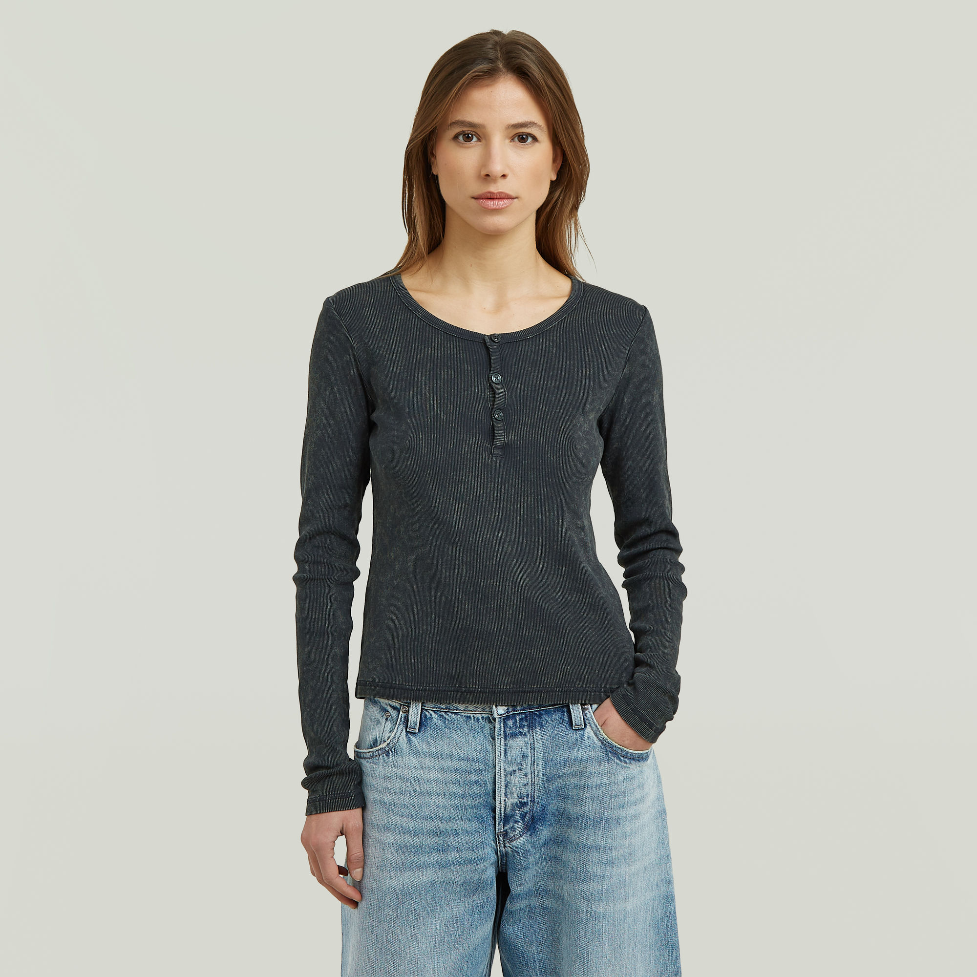 G-STAR Langarmshirt "Vintage Slim Henley t ls wmn" mit Knopfleiste, Baumwollmix