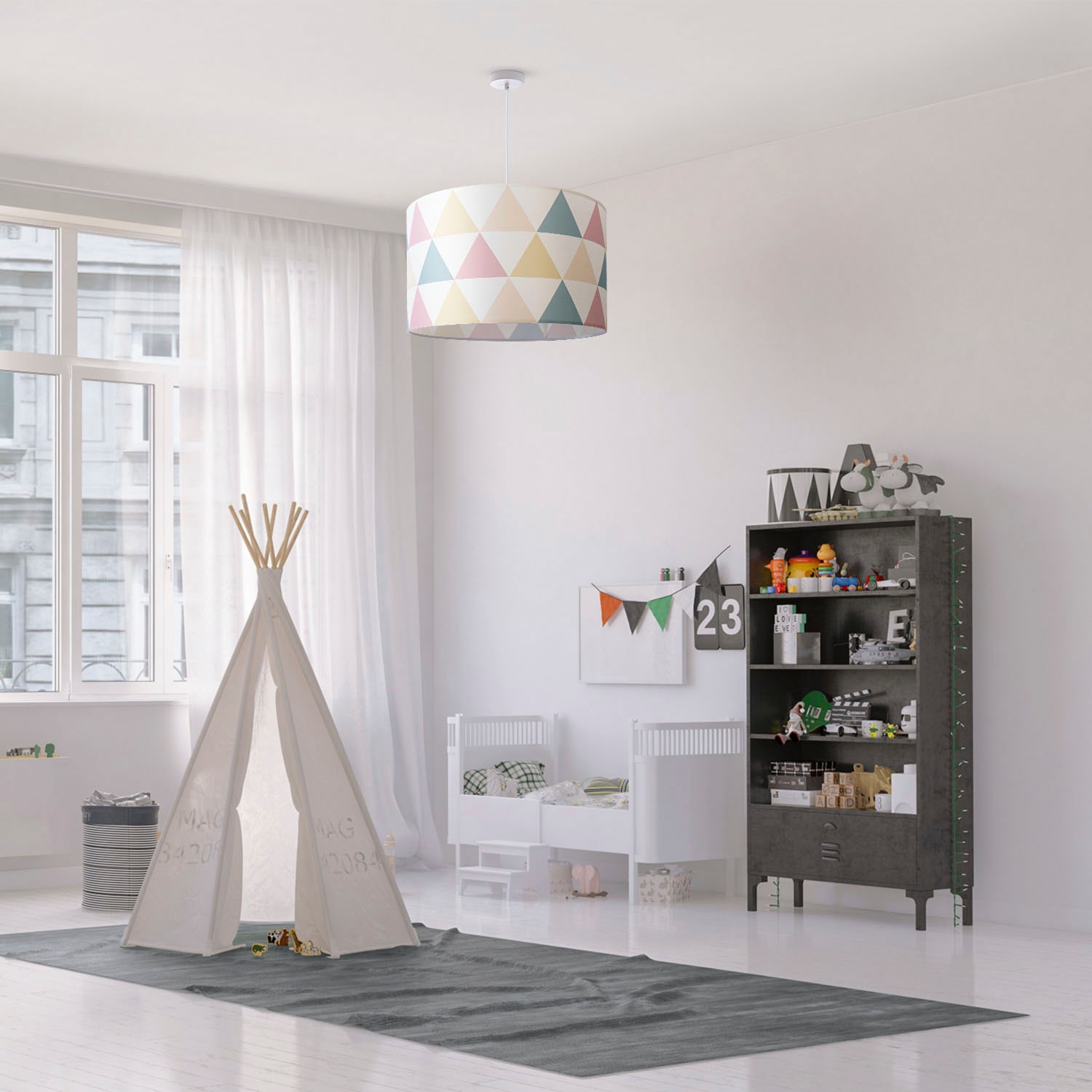 Paco Home Pendelleuchte »Hugo Delta«, Leuchtmittel E27 | ohne Leuchtmittel, Wohnzimmer Lampenschirm Modern Pendelleuchte Stoff E27 Dreieck Bunt